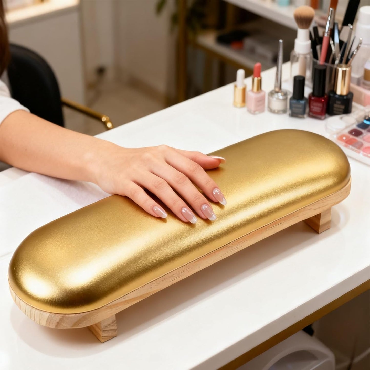 Manicure Hand Rest Pillow - TANG SONG Wooden Nail Stand Cushion for Nail Tables (Cream Yellow)