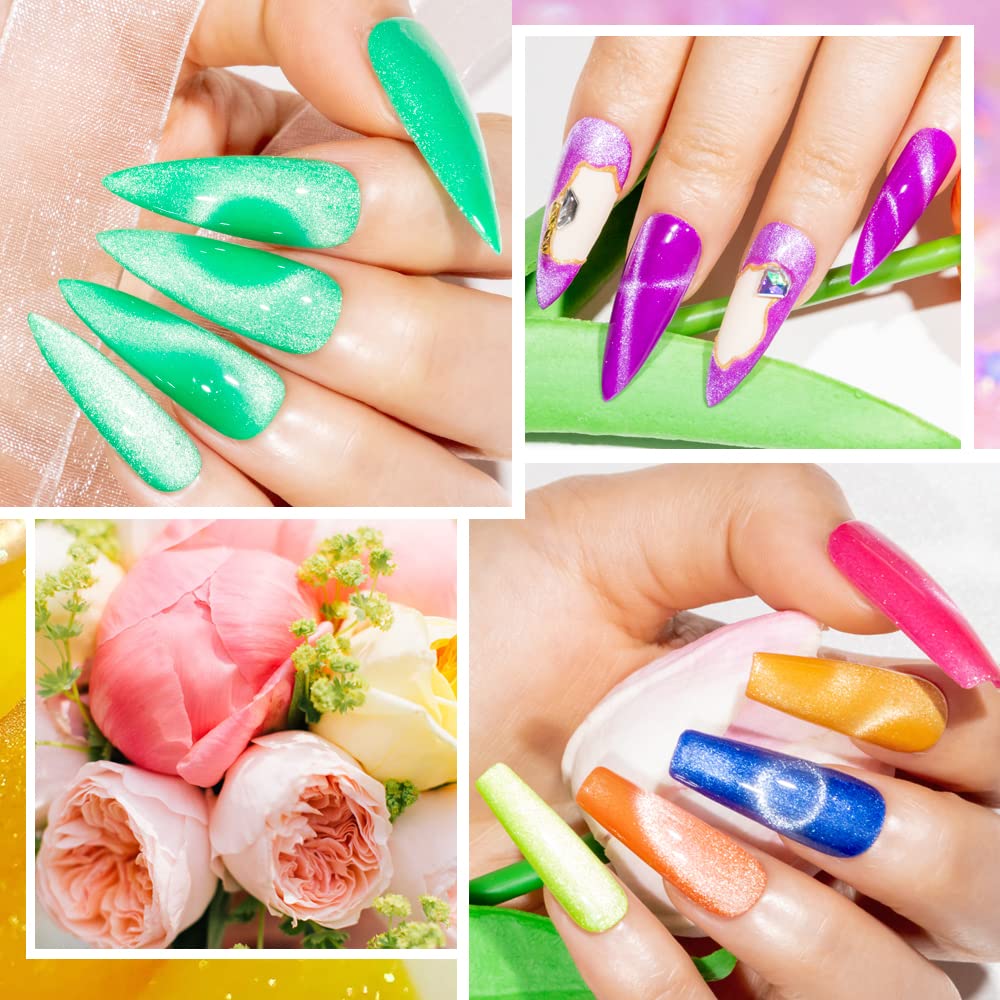 12-Pc MIZHSE Neon Cat Eye Gel Nail Polish Set - Magnetic Soak Off Manicure Kit, Blue Green Purple