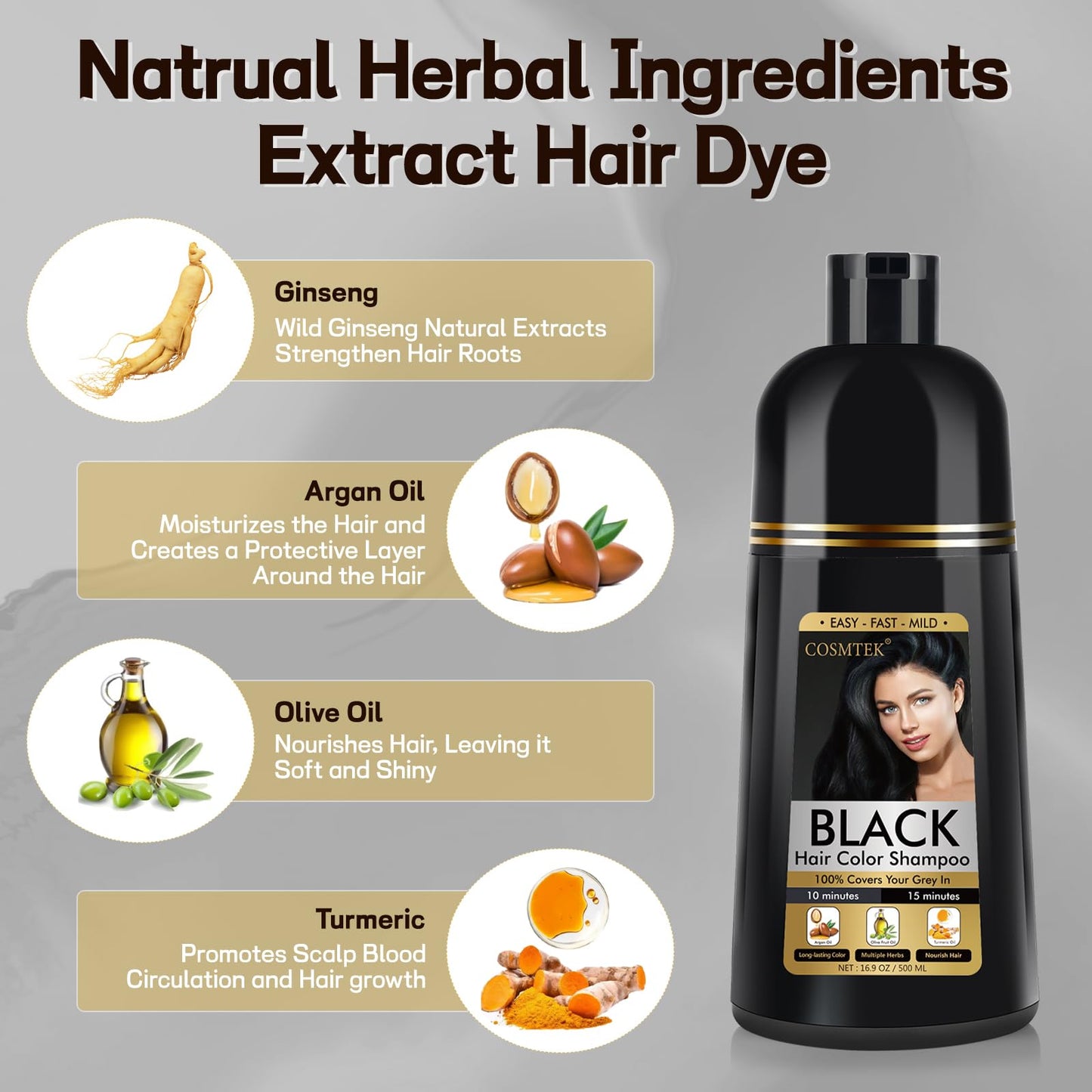 BOJICA Black Hair Dye Shampoo 3 in 1 for Gray Hair, Hair Color shampoo for Women, Natural Shampoo Hair Dye-100% Grey Hair Coverage/Herbal Ingredients-17.6 OZ