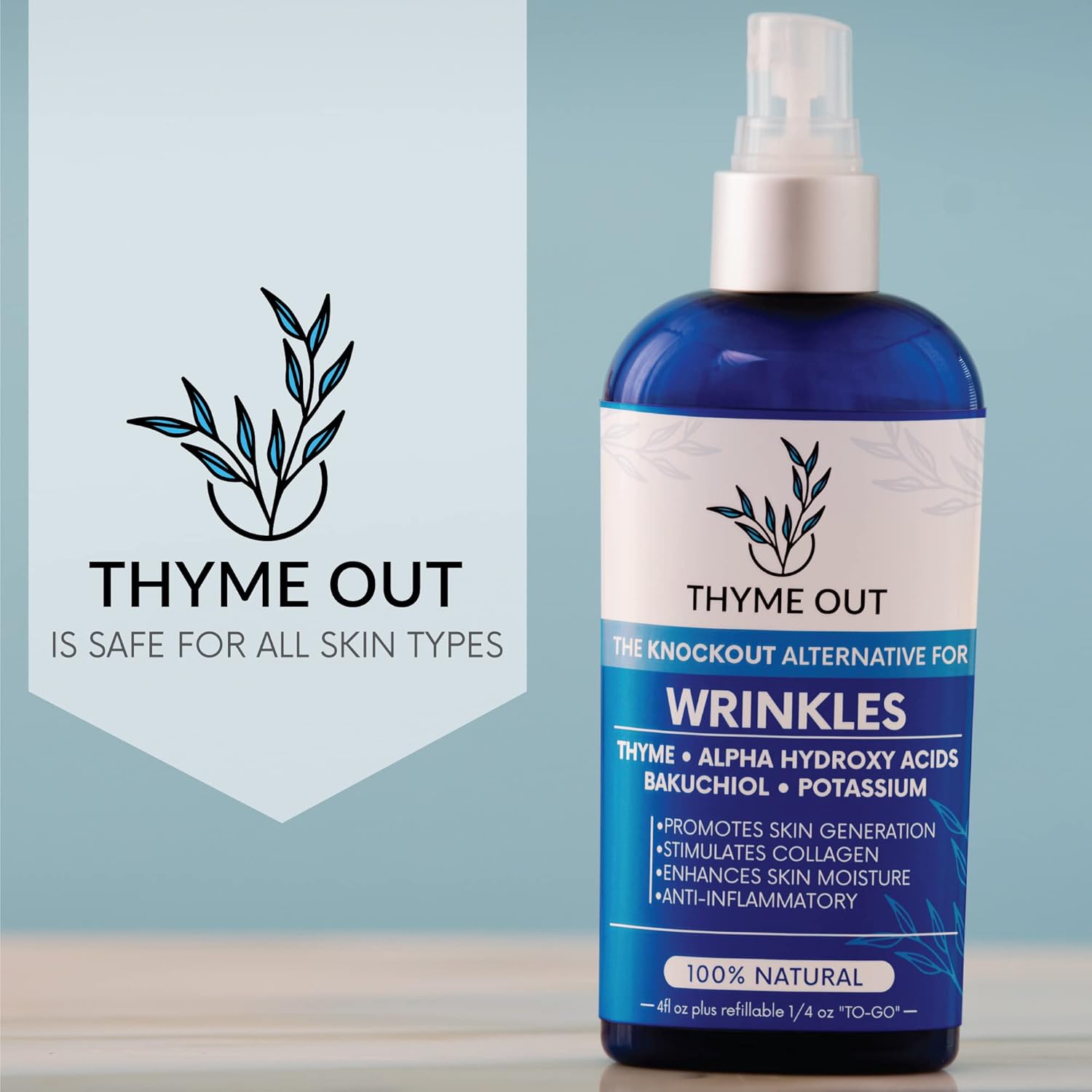 Anti-Wrinkle Face Mist Spray - All Natural with Thyme, Bakuchiol & AHA for Fine Lines & Collagen Boost (4 oz)