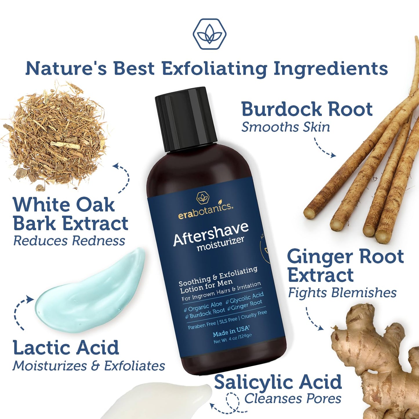 Era Organics Aftershave for Men - Soothing and Moisturizing After Shave Lotion - Made in the USA - Exfoliating Ingrown Hair Serum for Bumps or Irritation with Ginger Root plus Burdock Root