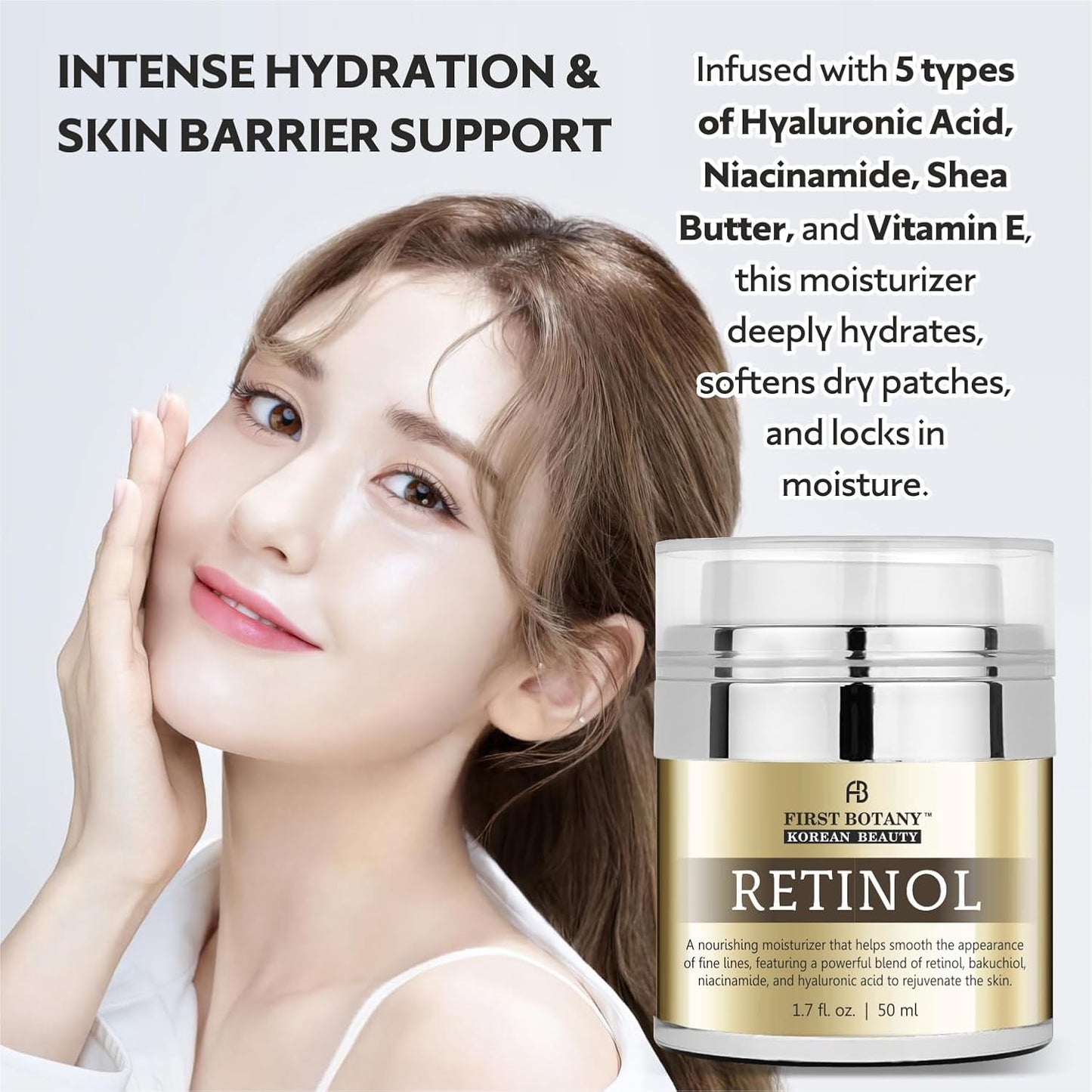 Korean Retinol Moisturizer Face Cream - Hydrating Anti-Aging Cream with Bakuchiol, Niacinamide & Hyaluronic Acid - 1.7 Fl Oz, Cruelty-Free