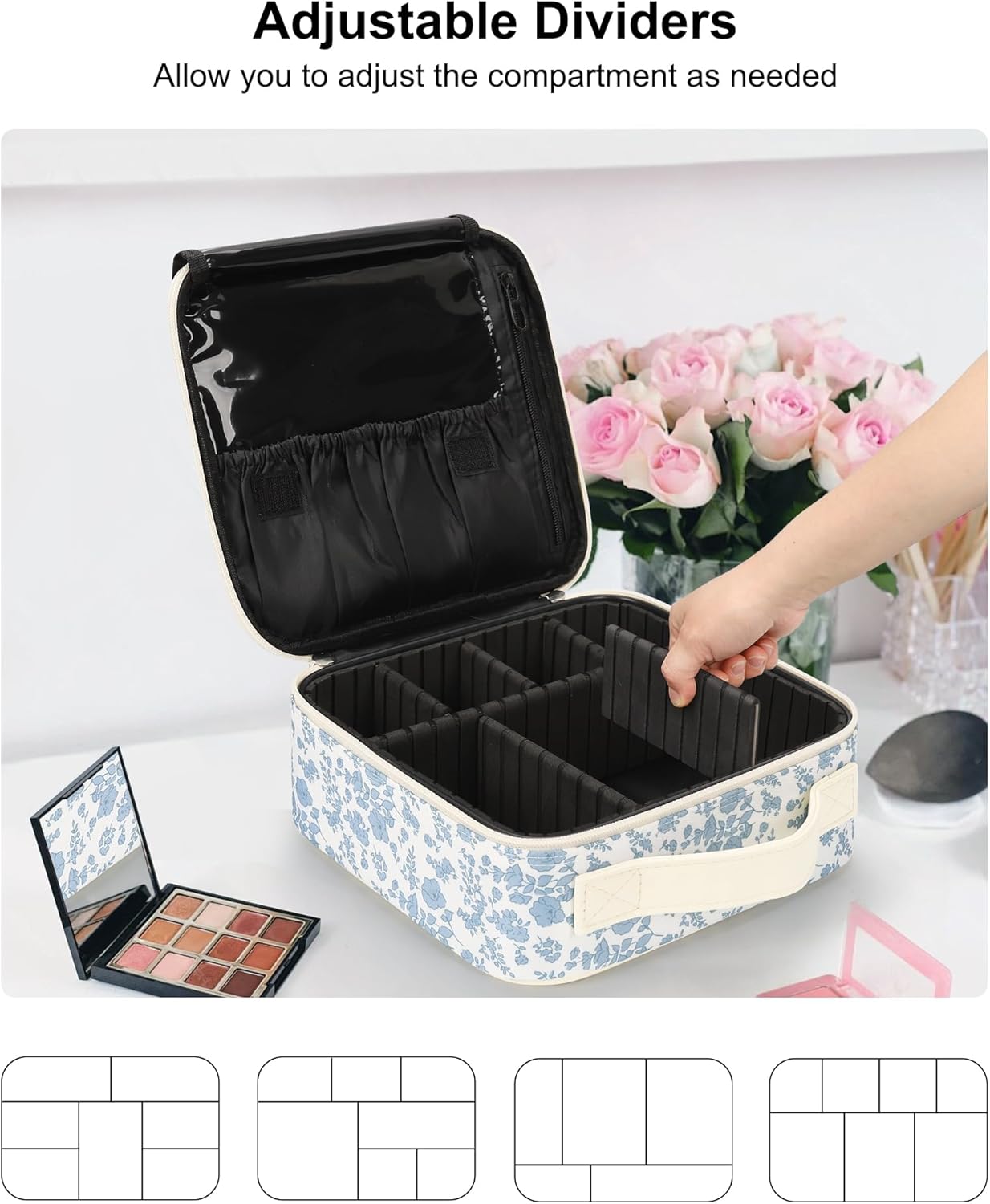 Relavel Portable Travel Makeup Case Organizer with Adjustable Dividers - Black Cosmetic Storage for Brushes, Toiletries & Jewelry