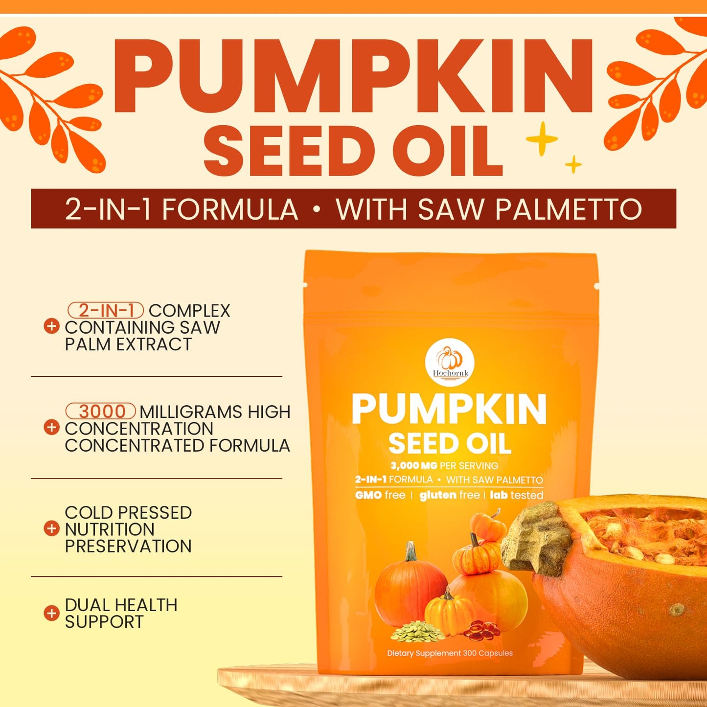 Pumpkin Seed Oil Capsules, Pumpkin Seed Oil With Saw Palmetto Supplement, 3000mg, Cold Pressed, Supports Hair Growth, Youthful Skin, Natural Source Of Fatty Acids - 300 Softgels (2)