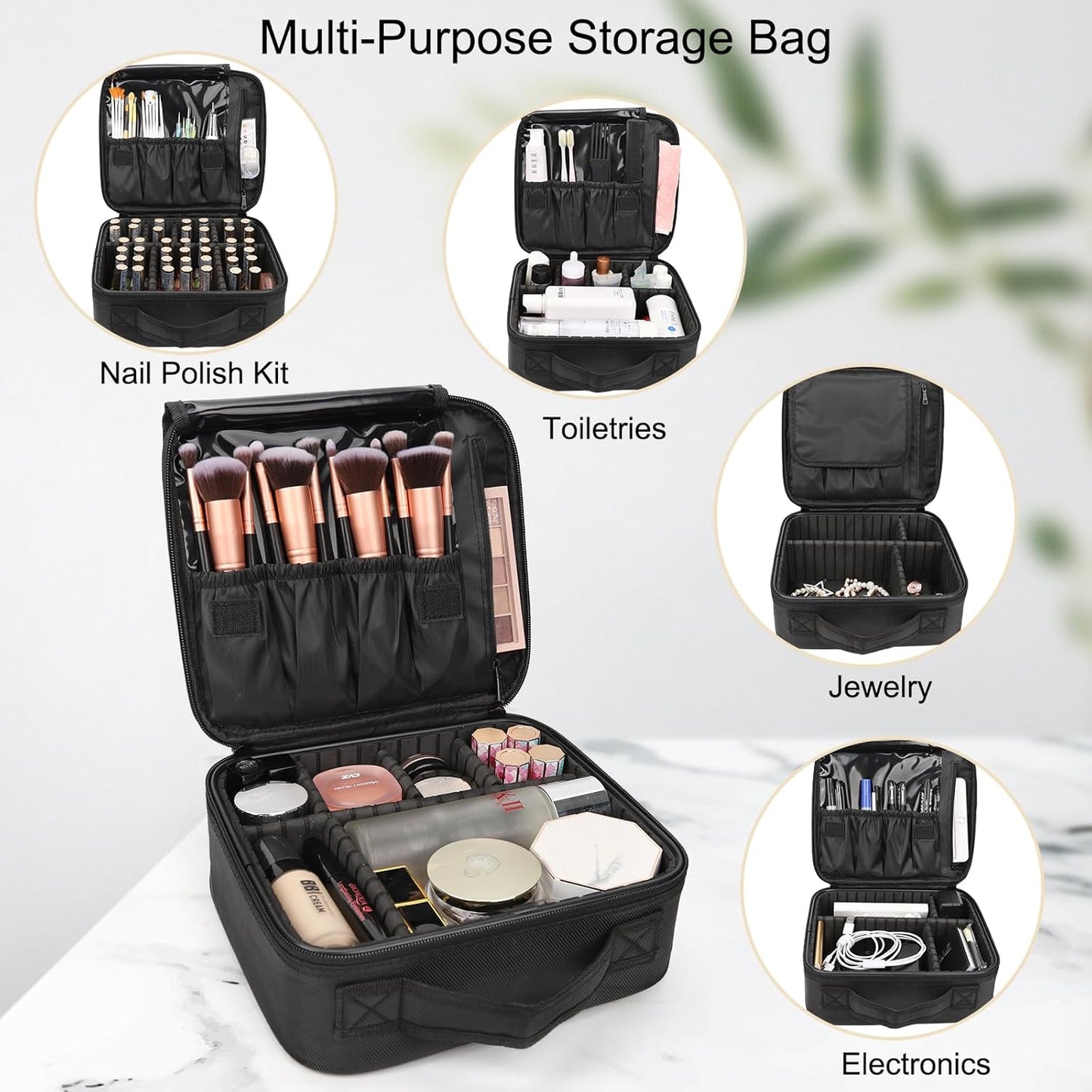 Relavel Portable Travel Makeup Case Organizer with Adjustable Dividers - Black Cosmetic Storage for Brushes, Toiletries & Jewelry
