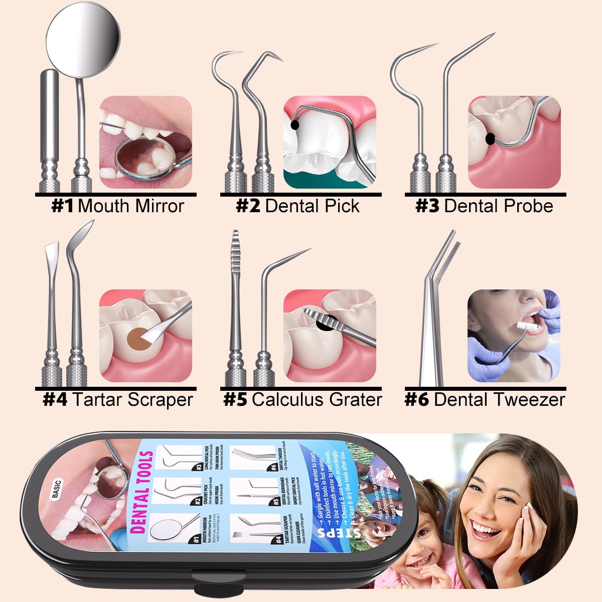Dental Tools Plaque Remover Teeth Cleaning Tools Kit 6 Pcs Dental Care Kit Stainless Steel Dental Pick Tartar Remover Tool for Home/Travel/Pet Care-Storage Case Included