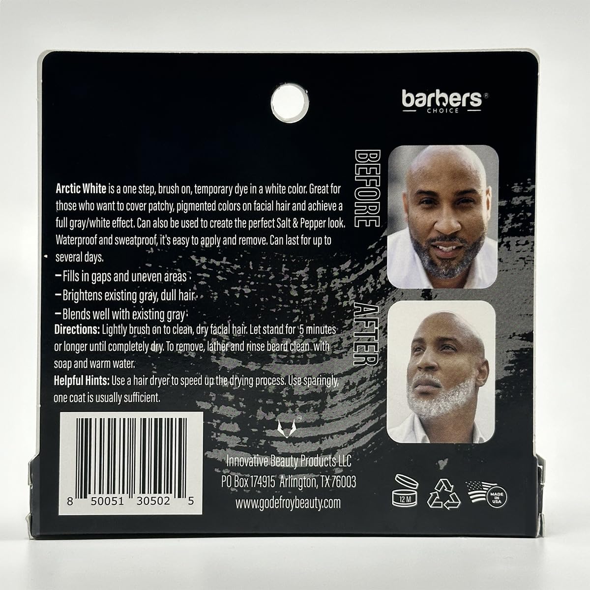 Barbers Choice Silver Line, Facial Hair Brush on Temporary Color for Silver Fox Men- Instantly Brighten White Beards, Mustache & Sideburns, Less Yellow, Easy Application, Arctic White