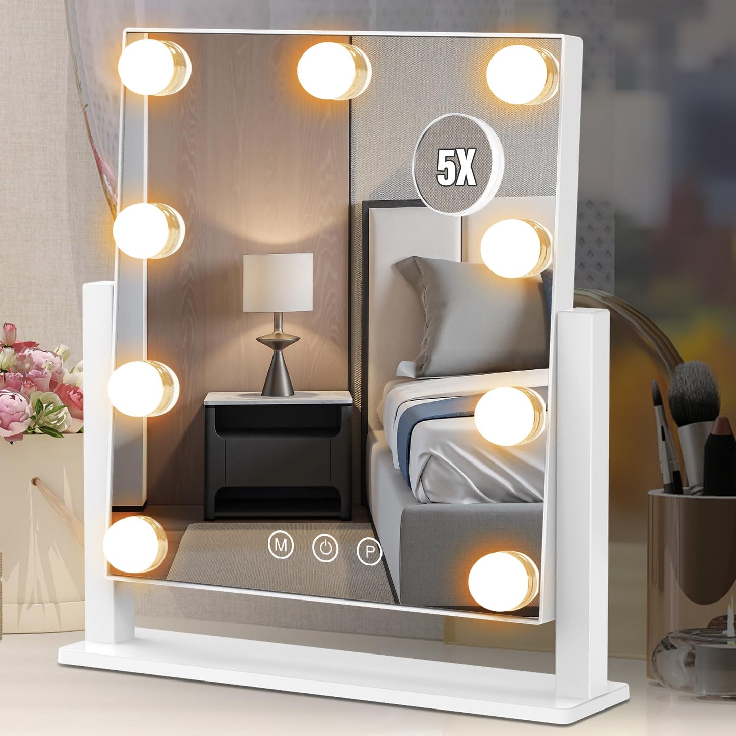 Vanity Mirror with Lights, Hollywood Lighted Makeup Mirror with 3 Color Lighting Modes and 9 Dimmable Bulbs, Detachable 5X Magnification, Smart Touch Control, 360°Rotation, White