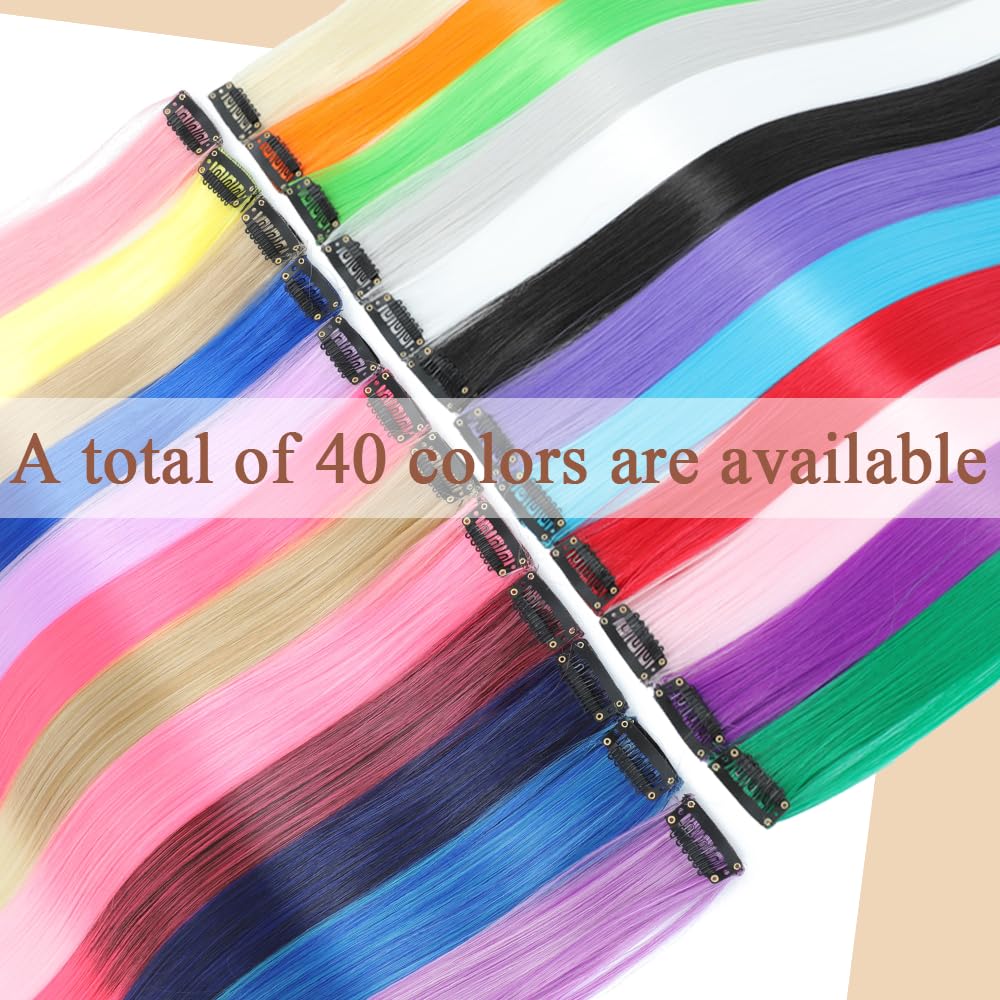 12 Pcs Pink hair extensions 22 Inch Straight colored hair colorful clip in extensions Highlight Party for Kids Girls and Women Gift(Pink,26)