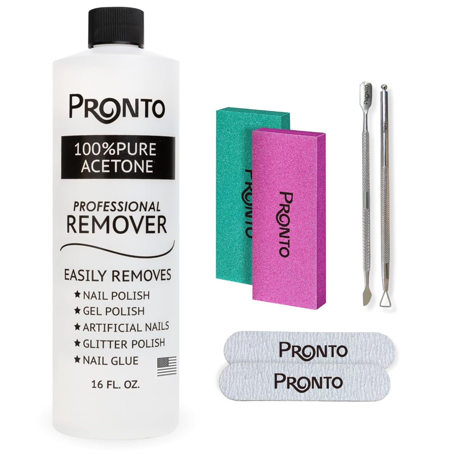 Pronto Pure Acetone 16 oz Nail Polish Remover - Complete Acrylic Nail Kit with Cuticle Pusher, Nail File & Buffer for Gel & Dip Powder Removal