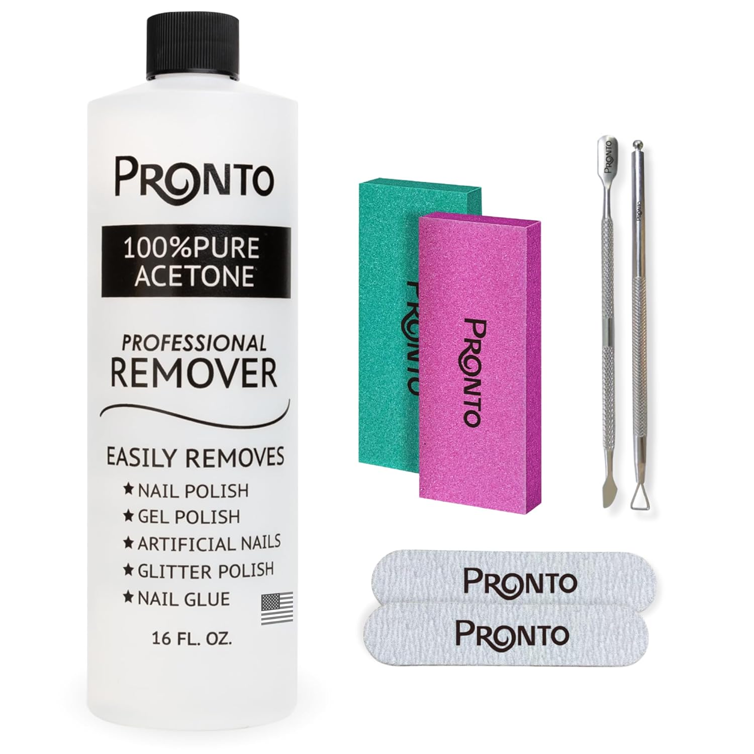 Pronto Pure Acetone 16 oz Nail Polish Remover - Complete Acrylic Nail Kit with Cuticle Pusher, Nail File & Buffer for Gel & Dip Powder Removal