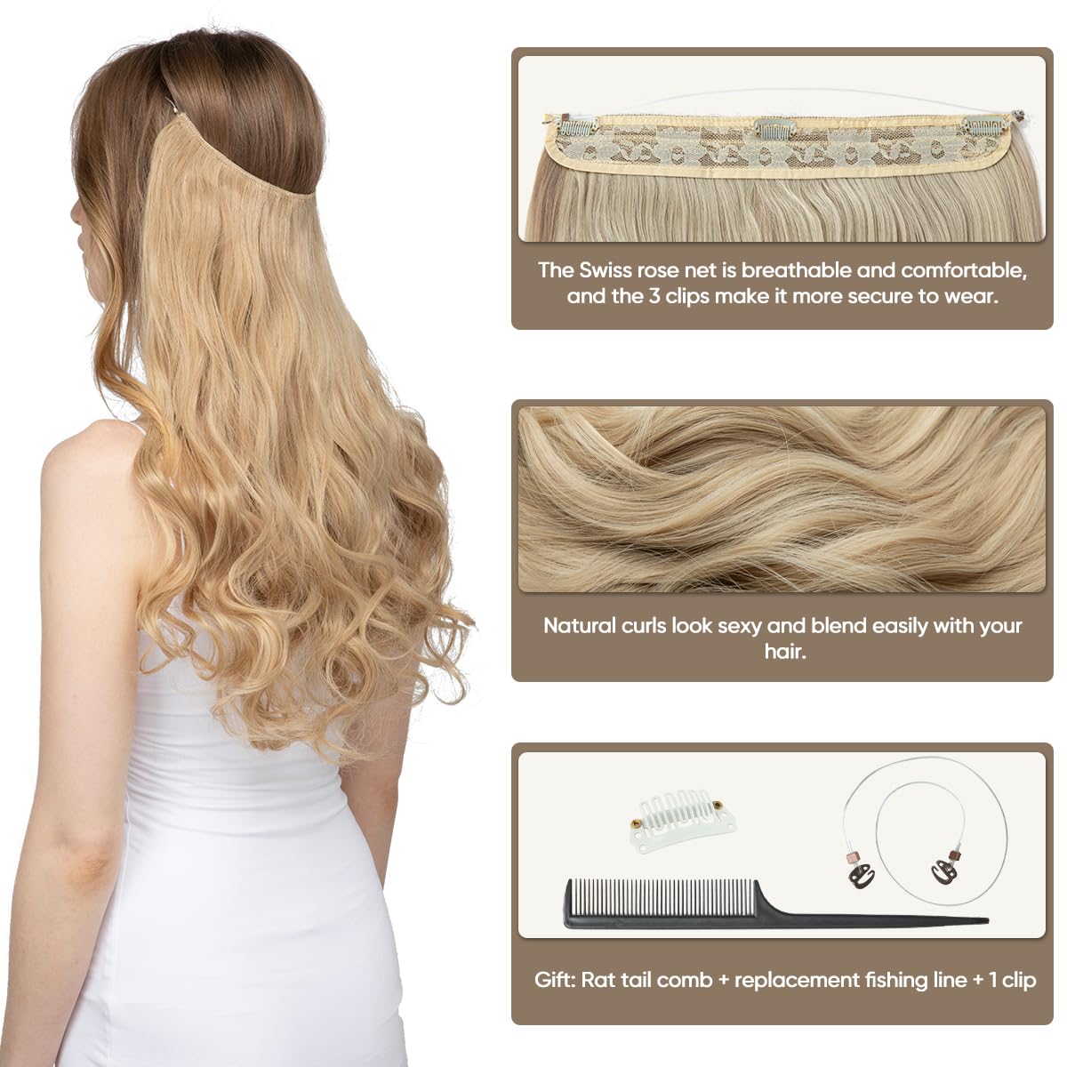 SARLA Invisible Wire Hair Extensions with 3 Clips Long Synthetic Wavy Curly Hairpiece Adjustable Transparent Headband for Women 18 Inch Ash Medium Brown/Ash Blonde Highlights