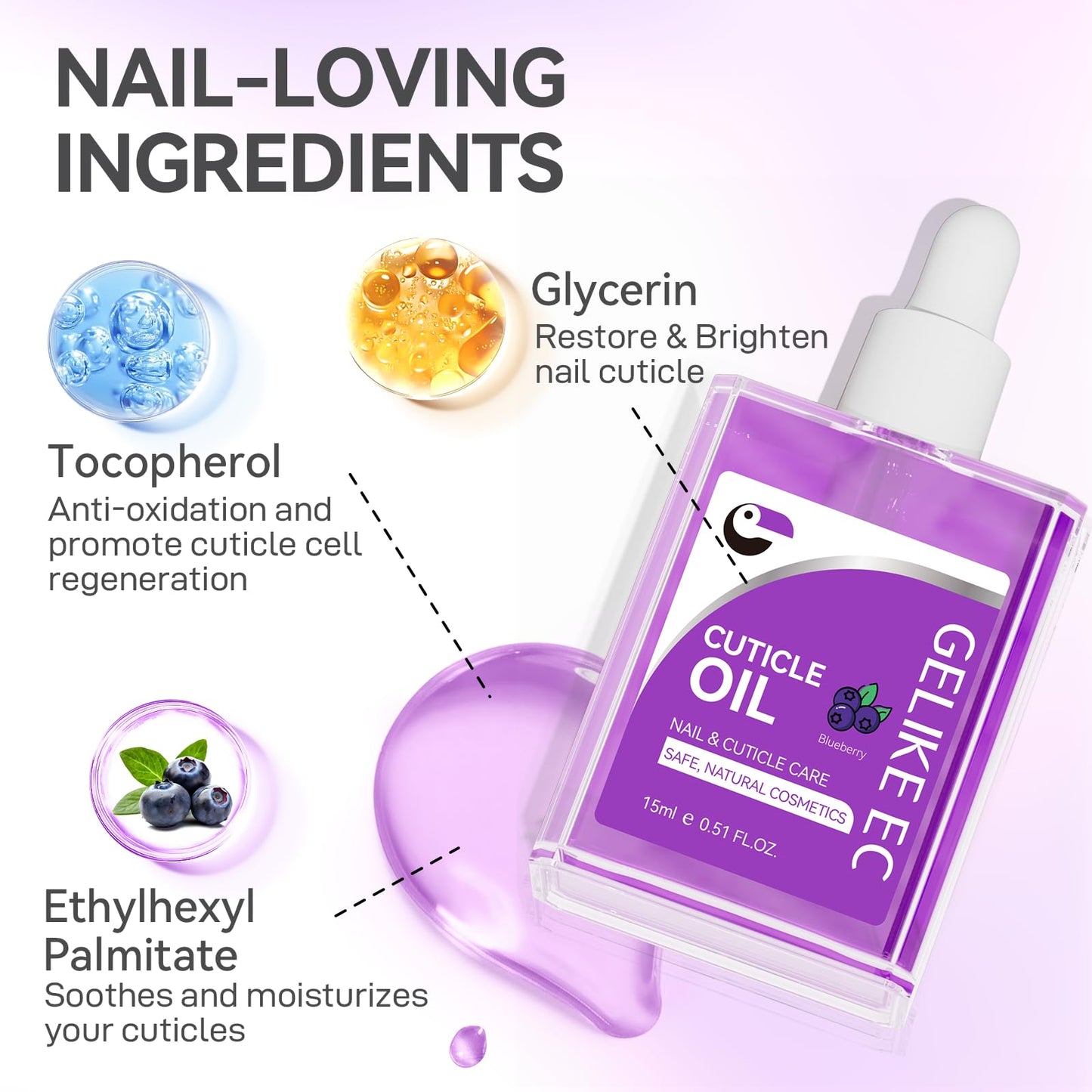 Nail Cuticle Oil for Moisturize and Repair - Gelike EC Easy and Quick Absorb Cuticles Care Treatment - Natural Blueberry Smells for Women and Men Dry Damaged Thin Nails