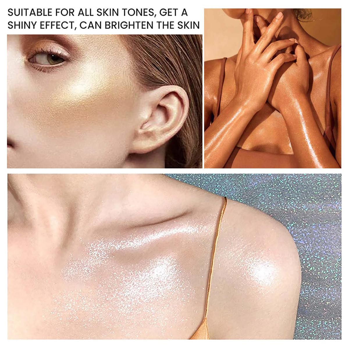 Body Glitter Spray Highlight, 4 Shimmering Color, Quick-Drying Formula Moisturizing Liquid Highlighter for Black/White Skin Women Men for Party, All Body Parts (03 Bronze)