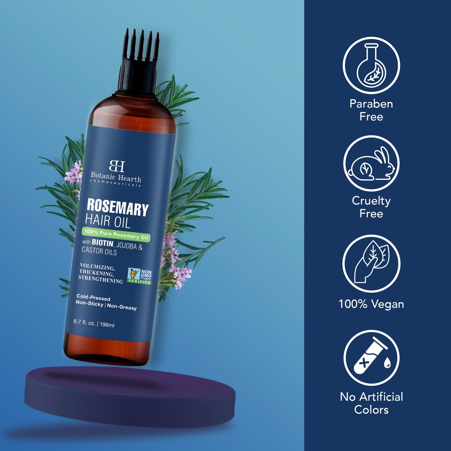 Botanic Hearth 100% Pure Rosemary Oil For Hair Growth (6.7 fl oz) Infused With Biotin, Jojoba & castor Oil | Nourishing & Volumizing | Non GMO Verified