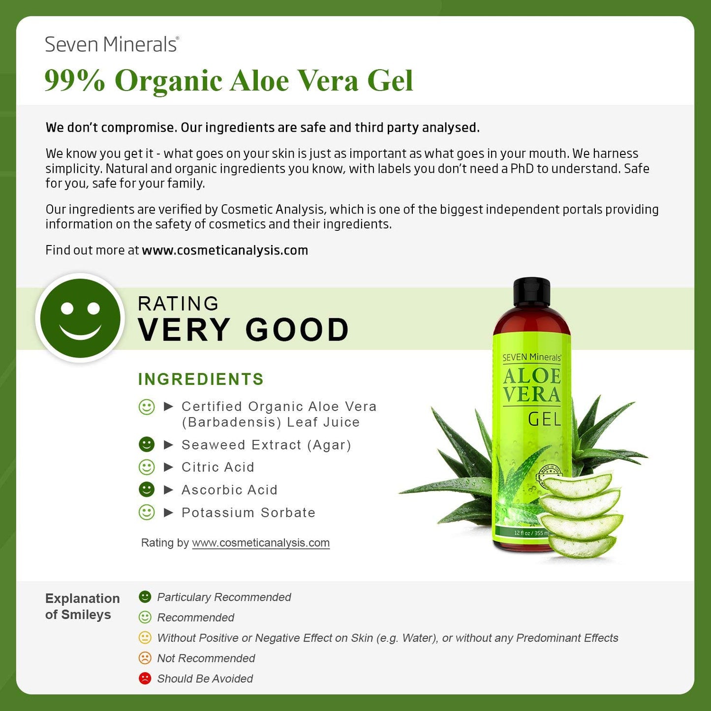 Seven Minerals Aloe Vera Gel - 99% Organic, Big 12 oz - NO XANTHAN, so it Absorbs Rapidly with No Sticky Residue - made from REAL JUICE, NOT POWDER