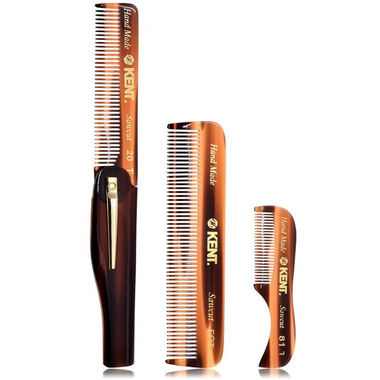 Kent Set Men's Hair Combs - 81T X-Small & 20T Folding Fine Tooth Grooming Kit for Hair, Beard & Mustache - Handmade in England
