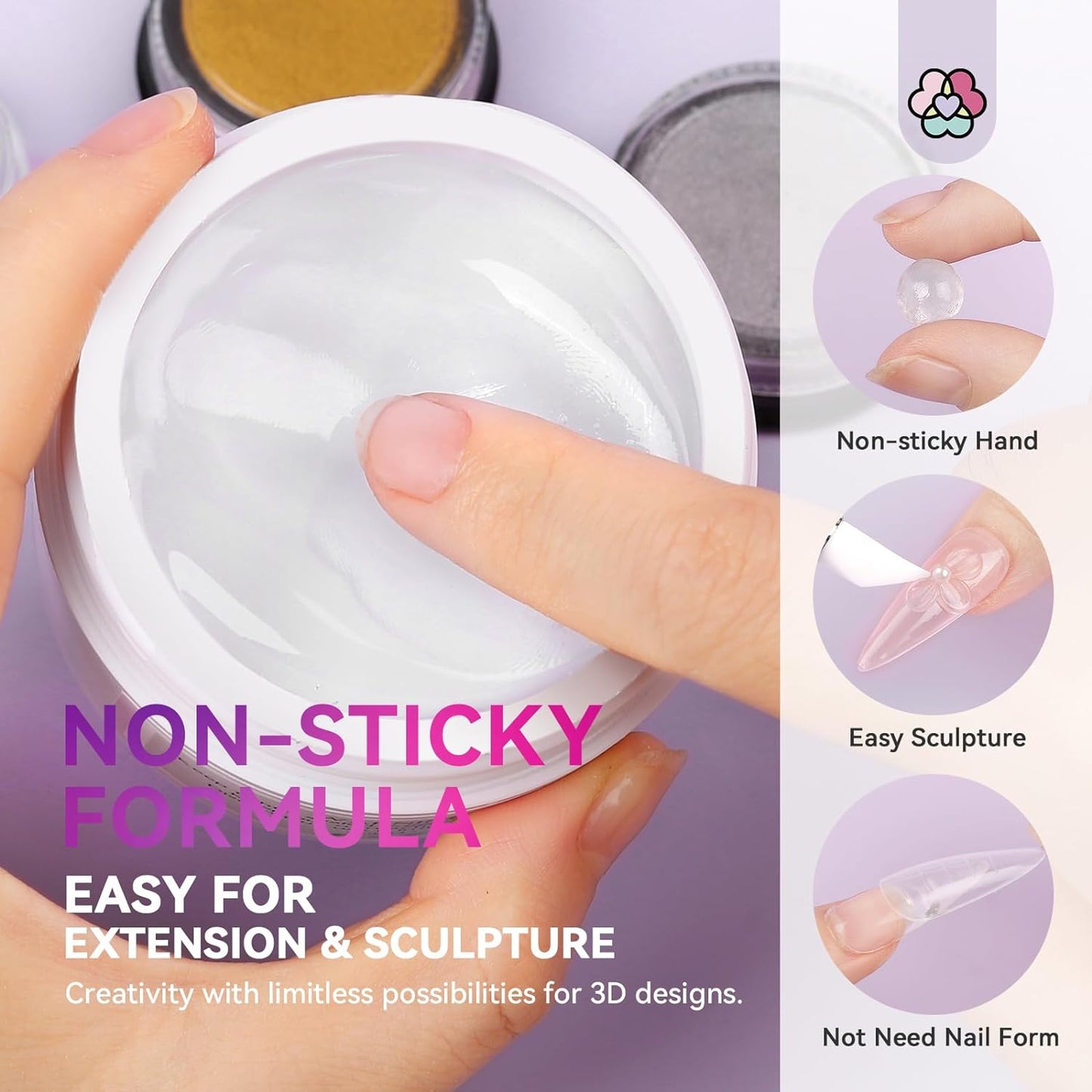 Builder Nail Gel Kit - 4 Colors (Clear, Nude, White, Pink) for Nail Extensions & 3D Sculpting - Long-Lasting Non-Sticky Hard Gel with Chrome Powder