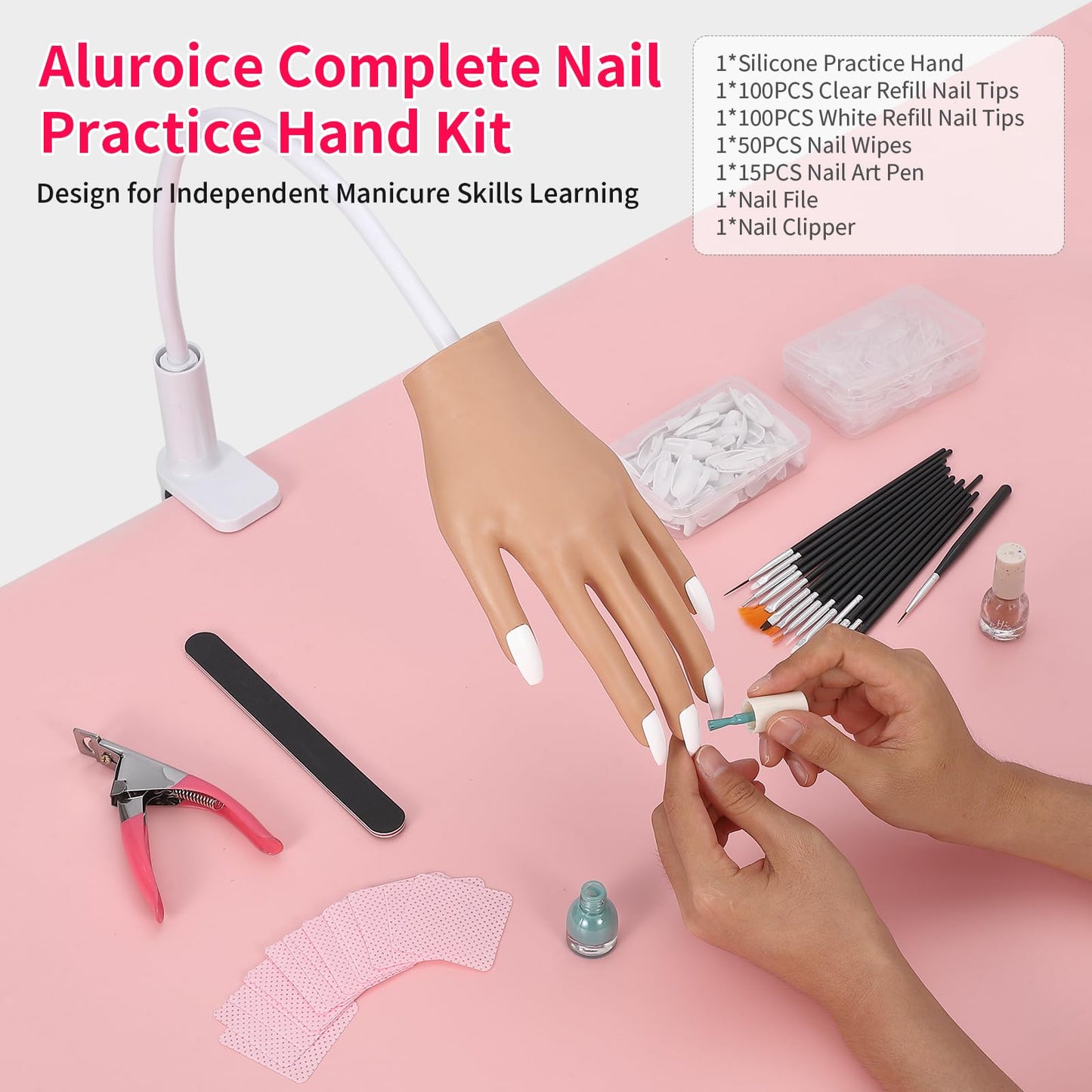 ALUROICE Practice Hand for Acrylic Nails - Nail Tips Won't Fall off Again- Flexible Fake Nail Mannequin Hand Practice for Training