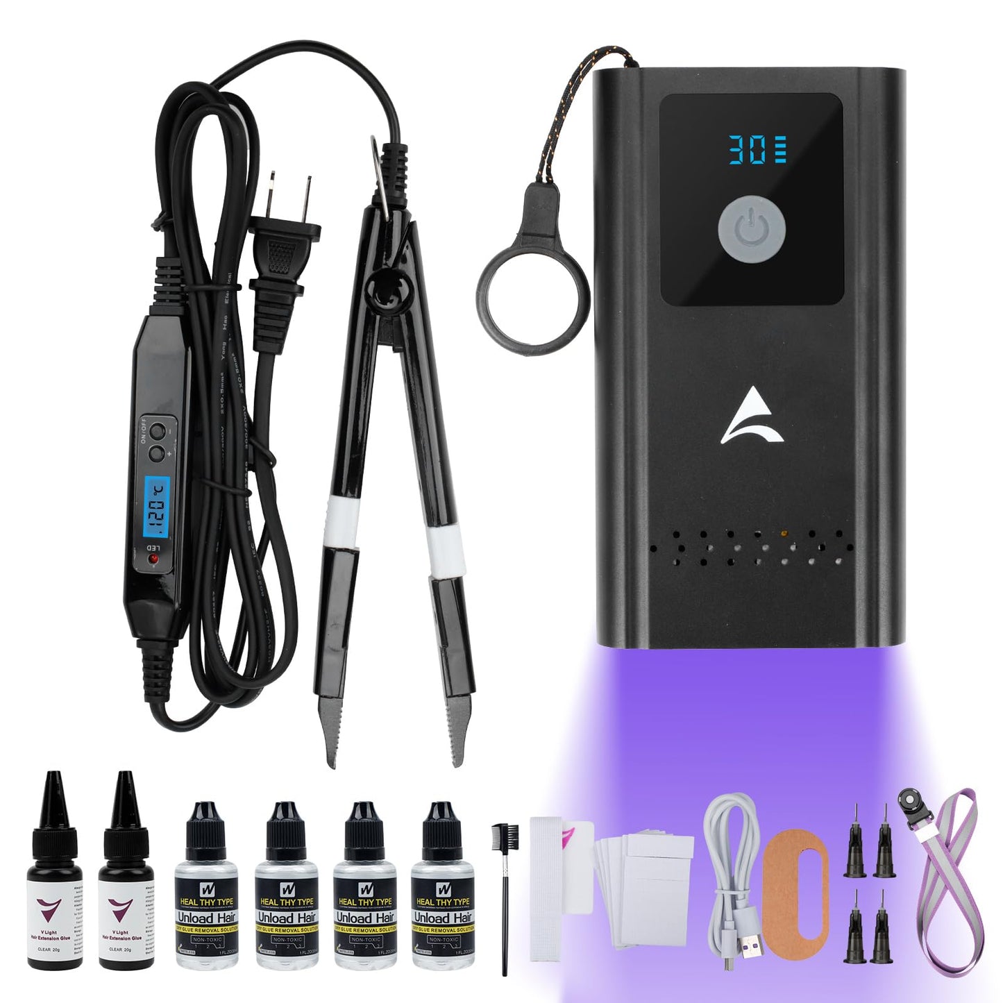 V Light Hair Extensions Kit Professional V Light Hair Extension Set With V Light hair extension machine, UV Light, V-light glue 20G * 4, glue remover 30ml * 2 Hair Extensions Tool Set