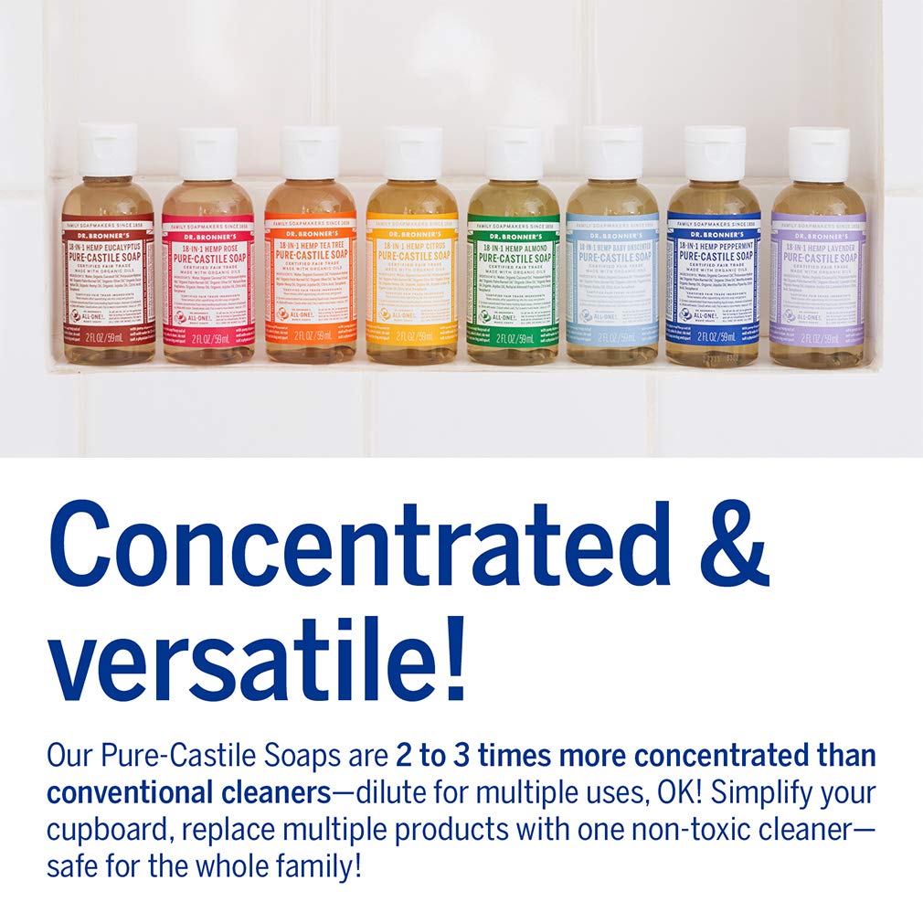 Dr. Bronner’s - Pure-Castile Liquid Soap (Baby Unscented, Travel Size, 2 ounce) - Made with Organic Oils, 18-in-1 Uses: Face, Body, Hair, Laundry, Pets and Dishes, Concentrated, Vegan, Non-GMO
