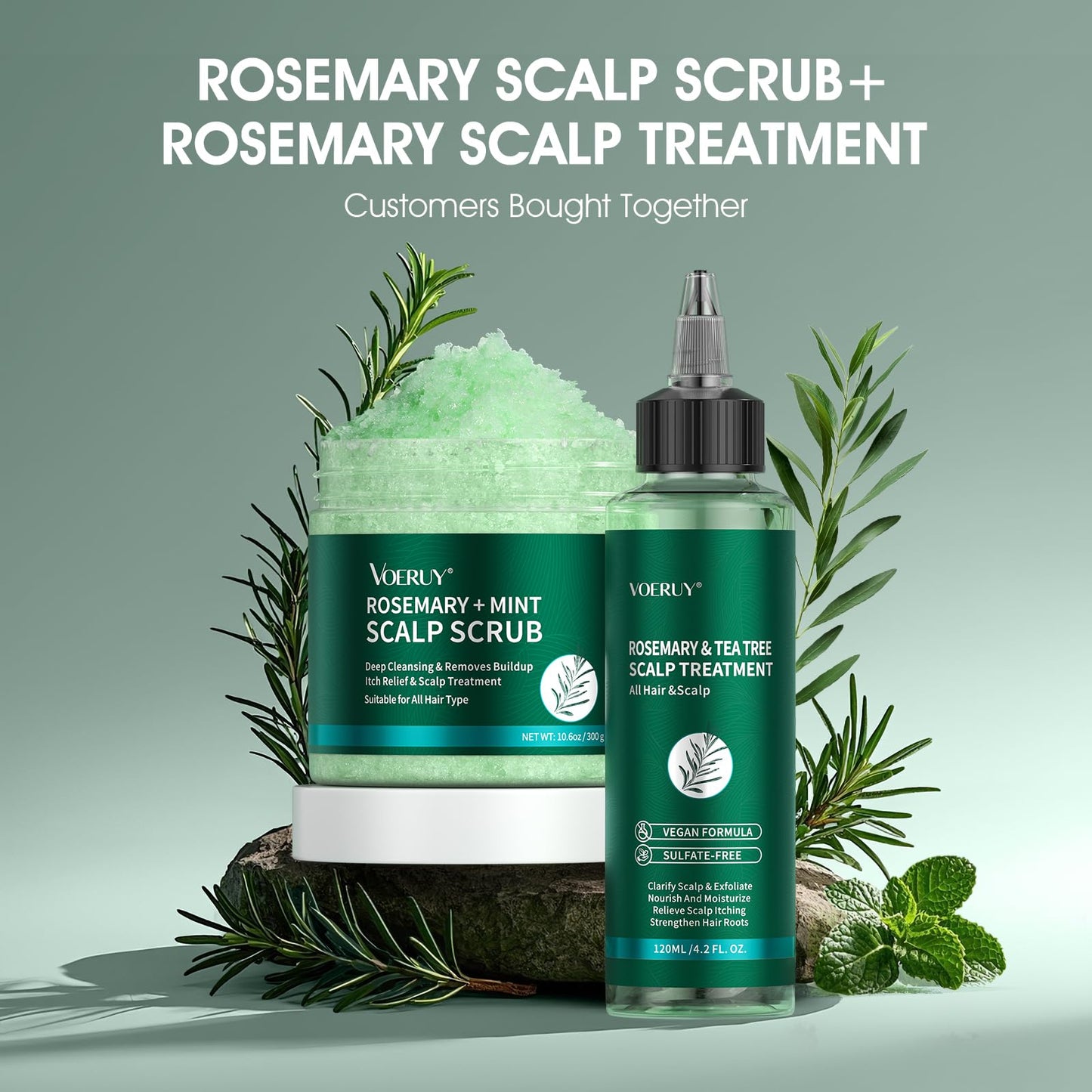 VOERUY Scalp Scrub, Rosemary Scalp Exfoliator Scrub Shampoo, 2-in-1 Scalp Treatment with Mint Oil, Hair Treatment to Clarify and Remove Build Up with Silicone Scalp Massager, 10.6oz/300g