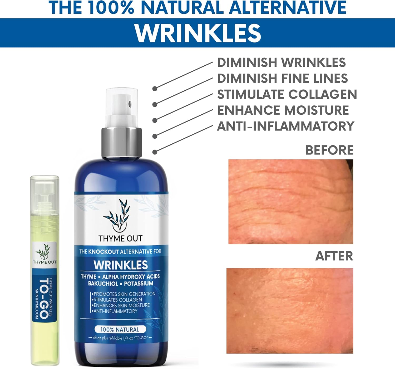 Anti-Wrinkle Face Mist Spray - All Natural with Thyme, Bakuchiol & AHA for Fine Lines & Collagen Boost (4 oz)