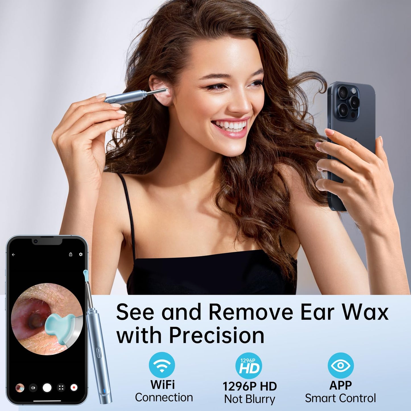 Ear Wax Removal Tool, Ear Cleaner with Camera, 1296P HD Camera and 6 LED Lights, Ear Cleaning kit with 10 Ear Pick Tips, Ear Wax Removal Kit for iOS and Android(Pale Blue)