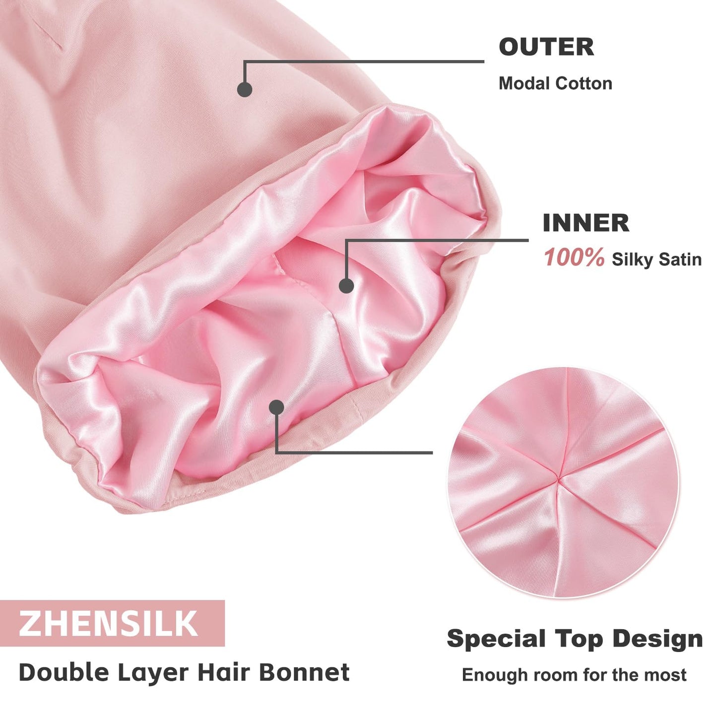 Silk Bonnet for Sleeping Women, Adjustable Silky Satin Lined Sleep Cap, Silk Hair Wrap for Sleep Night Cap for Natural Curly Hair 2PCS(Black&Pink)
