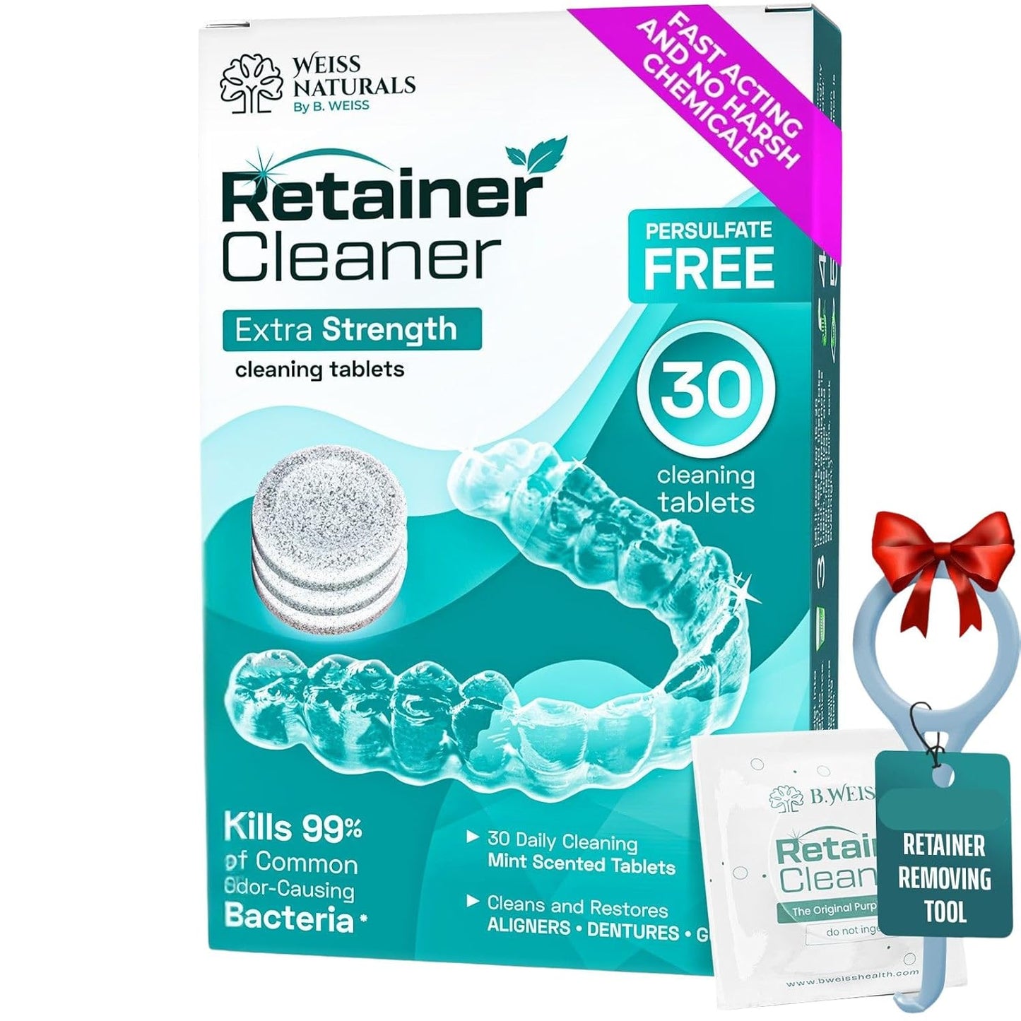 Retainer Cleaner Tablets for Invisalign & Dentures - PERSULFATE FREE, 60 Mint Scented Tablets, 2-Month Supply