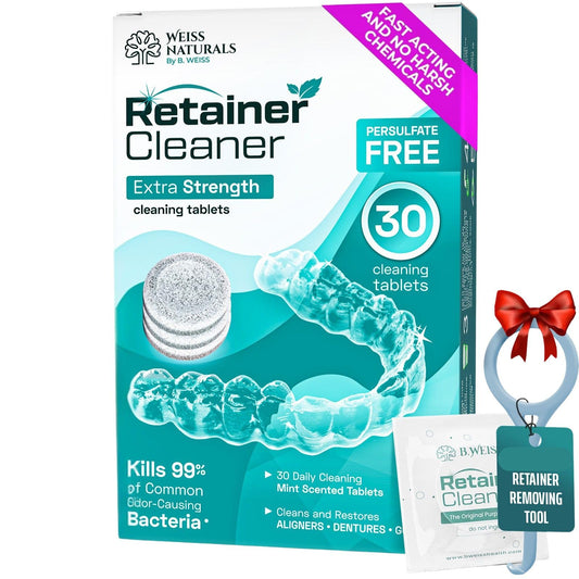 Weiss Naturals Retainer Cleaner Tablets, Invisalign Cleaner, Remove Stains, Odors & Plaque, FSA & HSA Eligible, PERSULFATE FREE Night Guard & Denture Cleaner 1-Month Supply, 30 Mint Scented Tablets