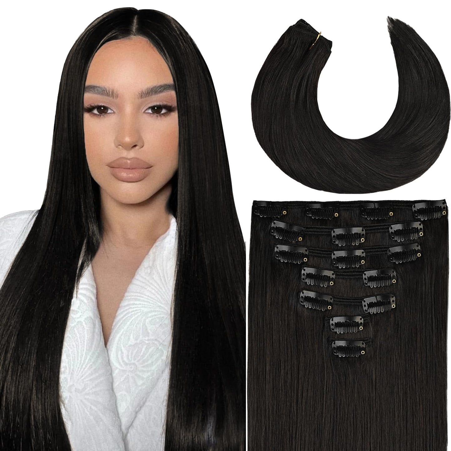 Clip in Hair Extensions Real Human Hair 120g 7pcs Seamless Invisible 100% Remy Human Hair Extensions Per Set with Double Weft #1B Natural Colour for Women Straight Hair 24inch