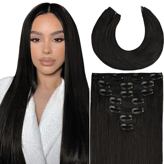 Clip in Hair Extensions Real Human Hair 120g 7pcs Seamless Invisible 100% Remy Human Hair Extensions Per Set with Double Weft #1B Natural Colour for Women Straight Hair 24inch