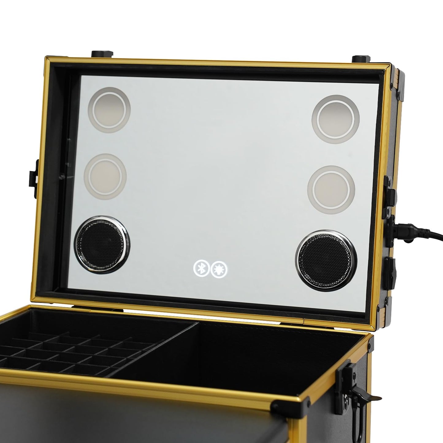 Foldable Rolling Manicure Table with Mirror and Lights, Portable Nail Desk with 3 Drawers, Bluetooth Speaker, Lock & Wheels, Travel Vanity Station for Makeup Artists & Beauty Lovers (Gold/Black)