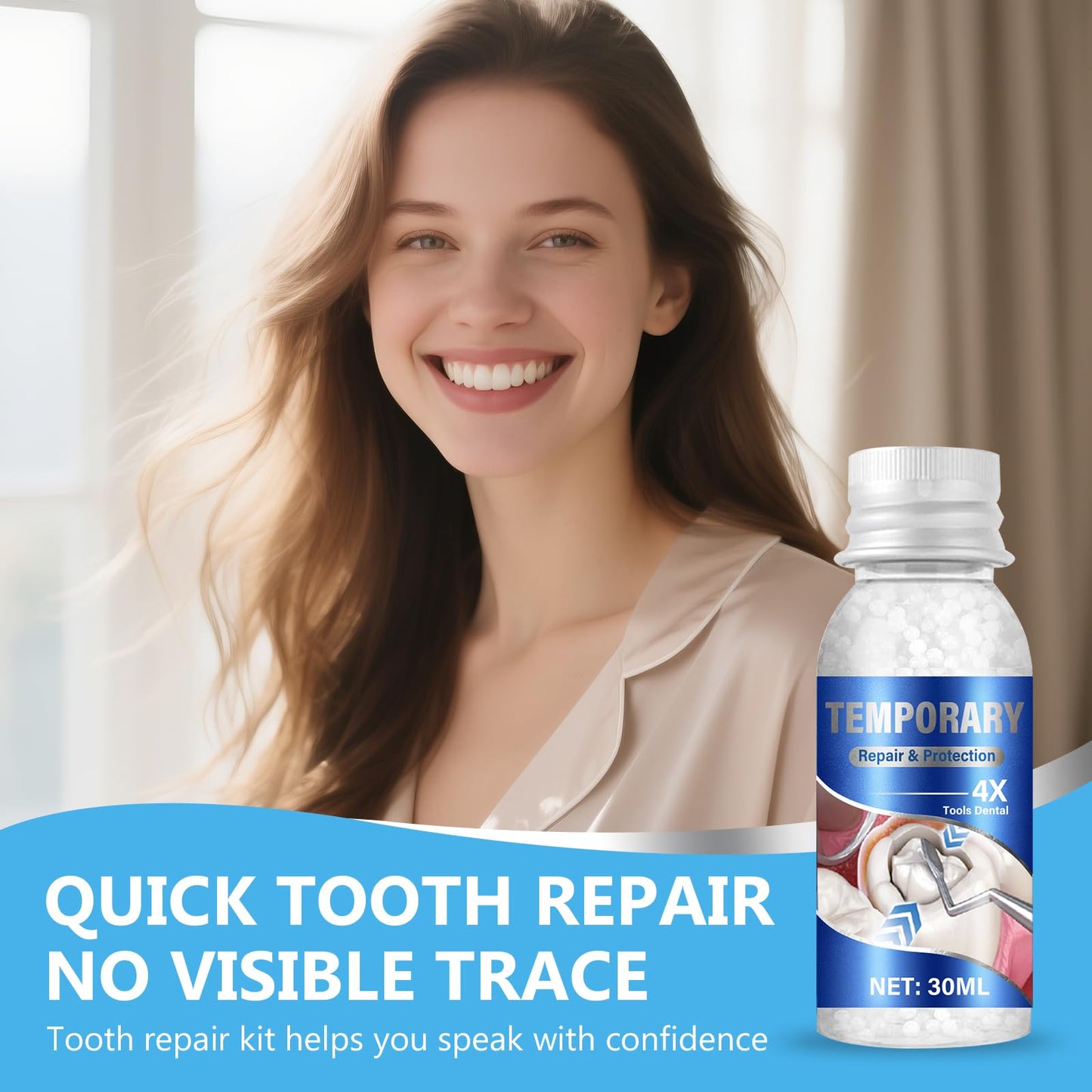 Tooth Repair Kit, Moldable Tooth Repair Kit for Broken Teeth Fixing & Missing Teeth Replacement, Safe & Effective Kit with 4 Dental Tools and 30 ml Repair Beads