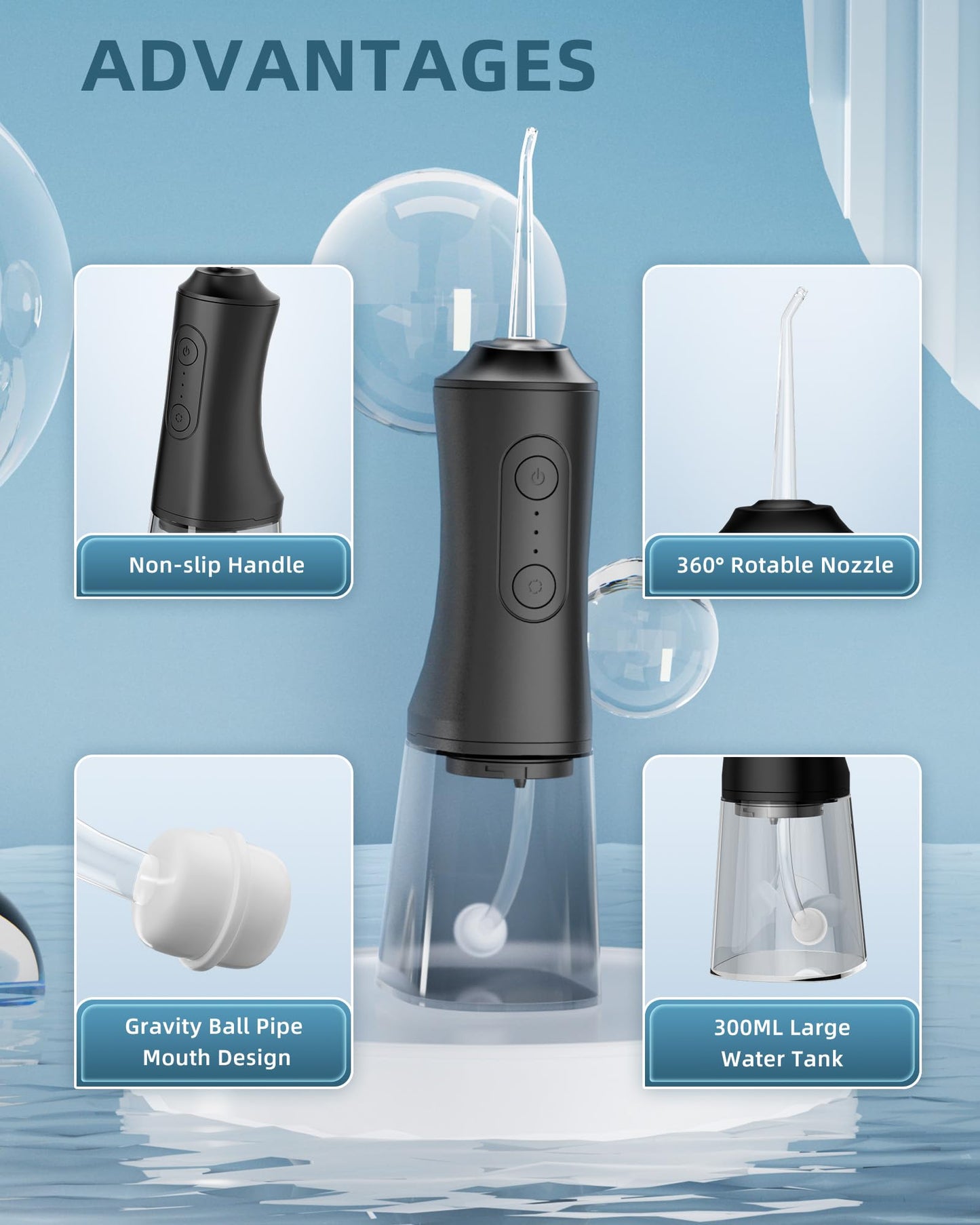 Water Flosser, Water Dental Flosser Pick for Teeth, 300ML IPX7 Waterproof Oral Irrigator, 3 Modes 4 Replaceable Jet Tips, Professional Flossing Cleaning Picks for Home Travel Gums, Braces Care (Black)