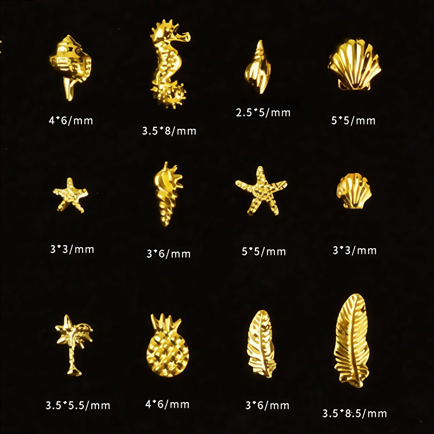 3D Metal Nail Art Studs Mixed Shapes Gold Shell Seahorse Starfish Conch Alloy Nail Rivets Seashell Starfish Nail Rhinestones Ocean Theme Designs Summer Beach DIY Crafts Manicure Decoration 12 Grids