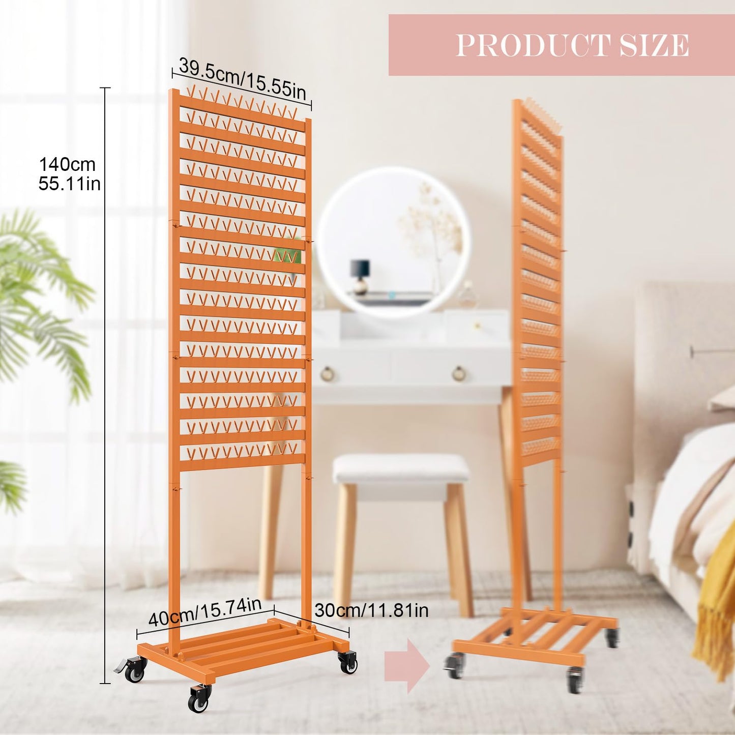 foriy Braiding Hair Rack 300 Pegs Metal Hair Extension Holder 2-Sided Adjustable Hair Braid Tools Hair Separator Stand with Wheels Tangerine Yellow Standing Braid Rack for Hair Stylist