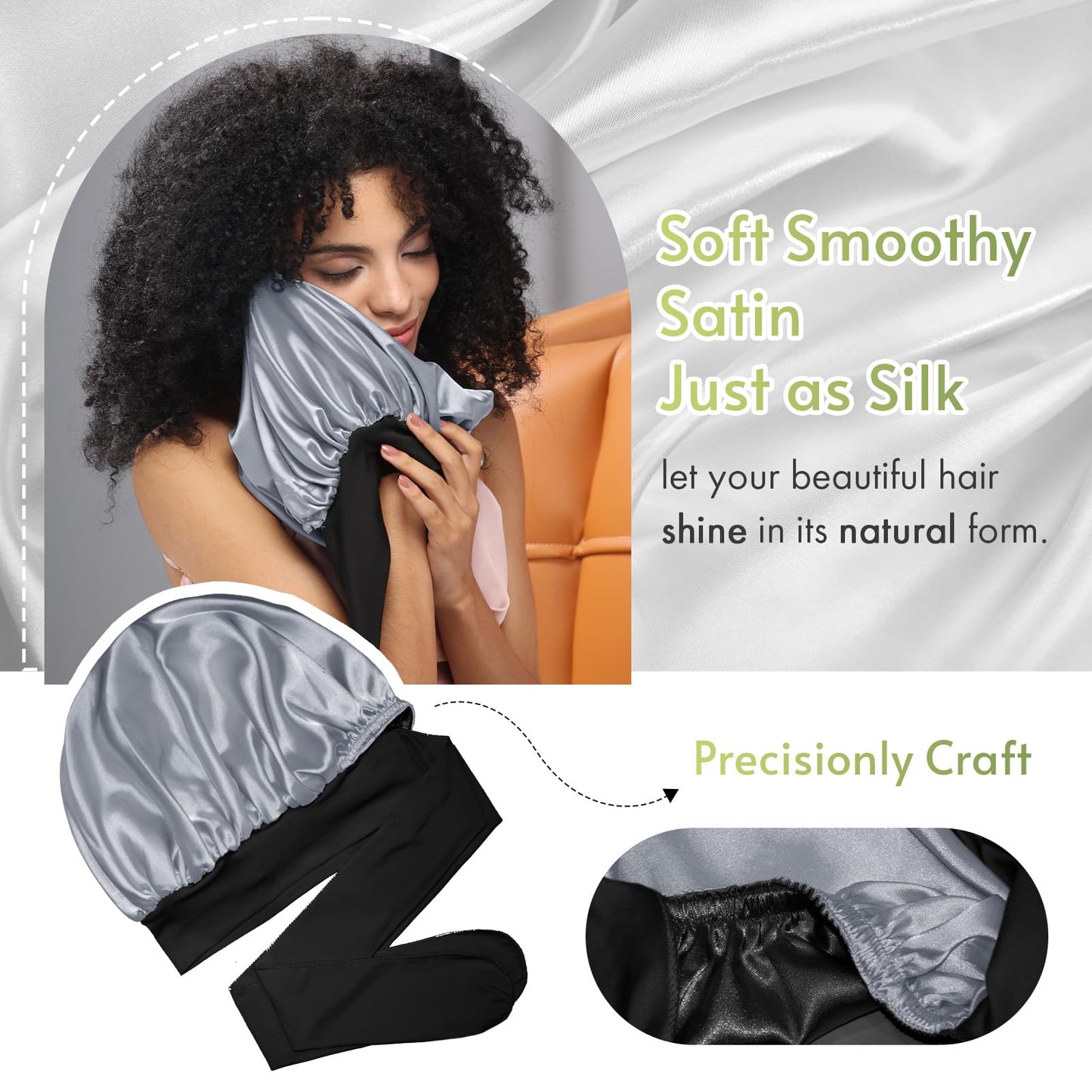 BONNET QUEEN Silk Bonnet for Sleeping Double Layer Satin Bonnet Reversible Bonnet with Tie Band Hair Bonnet Sleep Cap for Women Curly Hair,Black+Grey