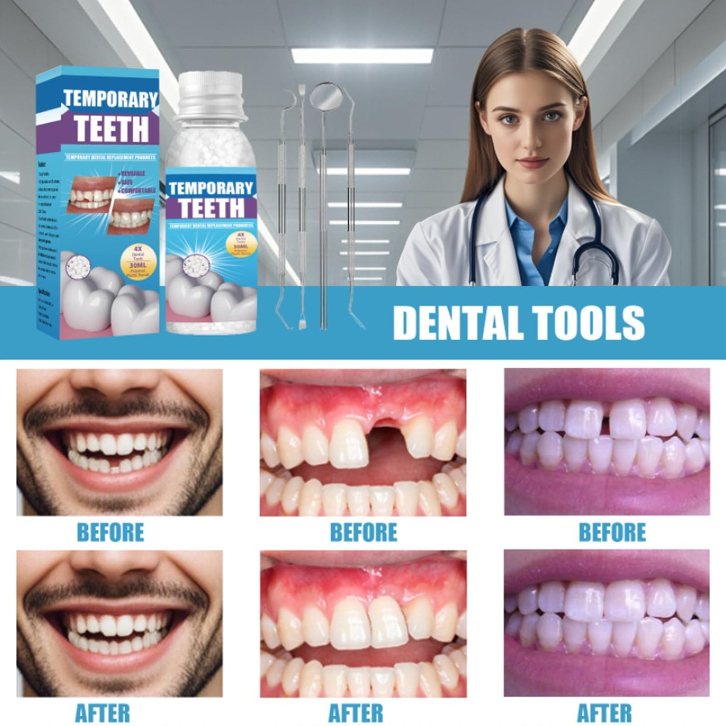 Tooth Repair kit with 4 Dental Tools, Tooth Filling Repair The Missing Teeth, Dental Care Kit Fixing Broken Teeth, Save Smile Cause Bad Teeth and Smile Confidently Again