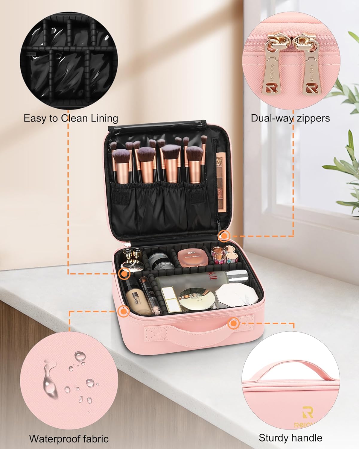 Relavel Portable Travel Makeup Case Organizer with Adjustable Dividers - Black Cosmetic Storage for Brushes, Toiletries & Jewelry
