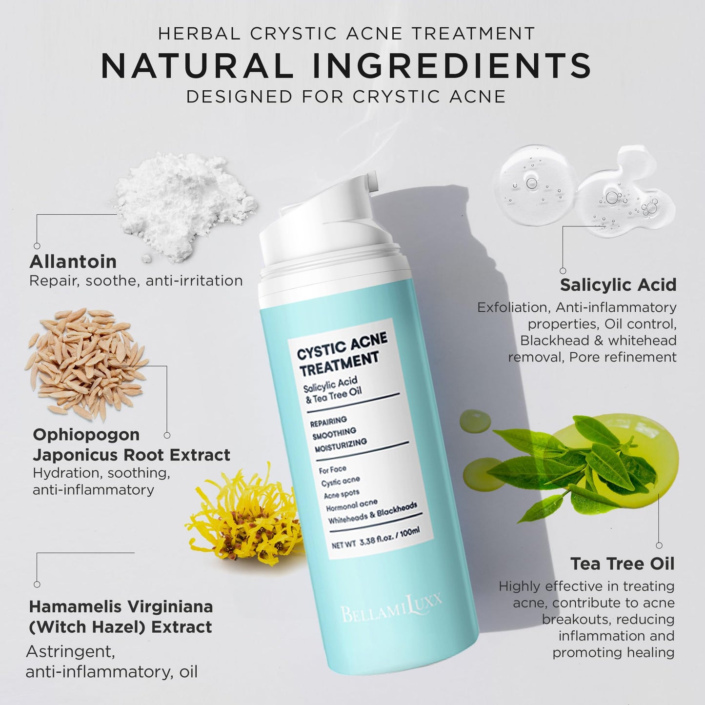 Acne Treatment for Face: Cystic Acne Spot Control Cream with Salicylic Acid & Tea Tree Oil for Blemishes - Gentle Hormonal & Pimple Treatment for Teens & Adults - 120 Day Supply & 3.38oz