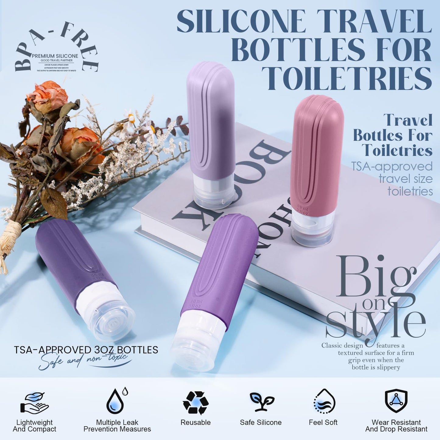 YIIMER Travel Bottles for Toiletries, 3oz TSA Approved Travel Size Toiletries, Silicone Leak-Proof Refillable Containers, Squeezable Liquid Essentials Bottles W/Clear Bag(PURPLE)