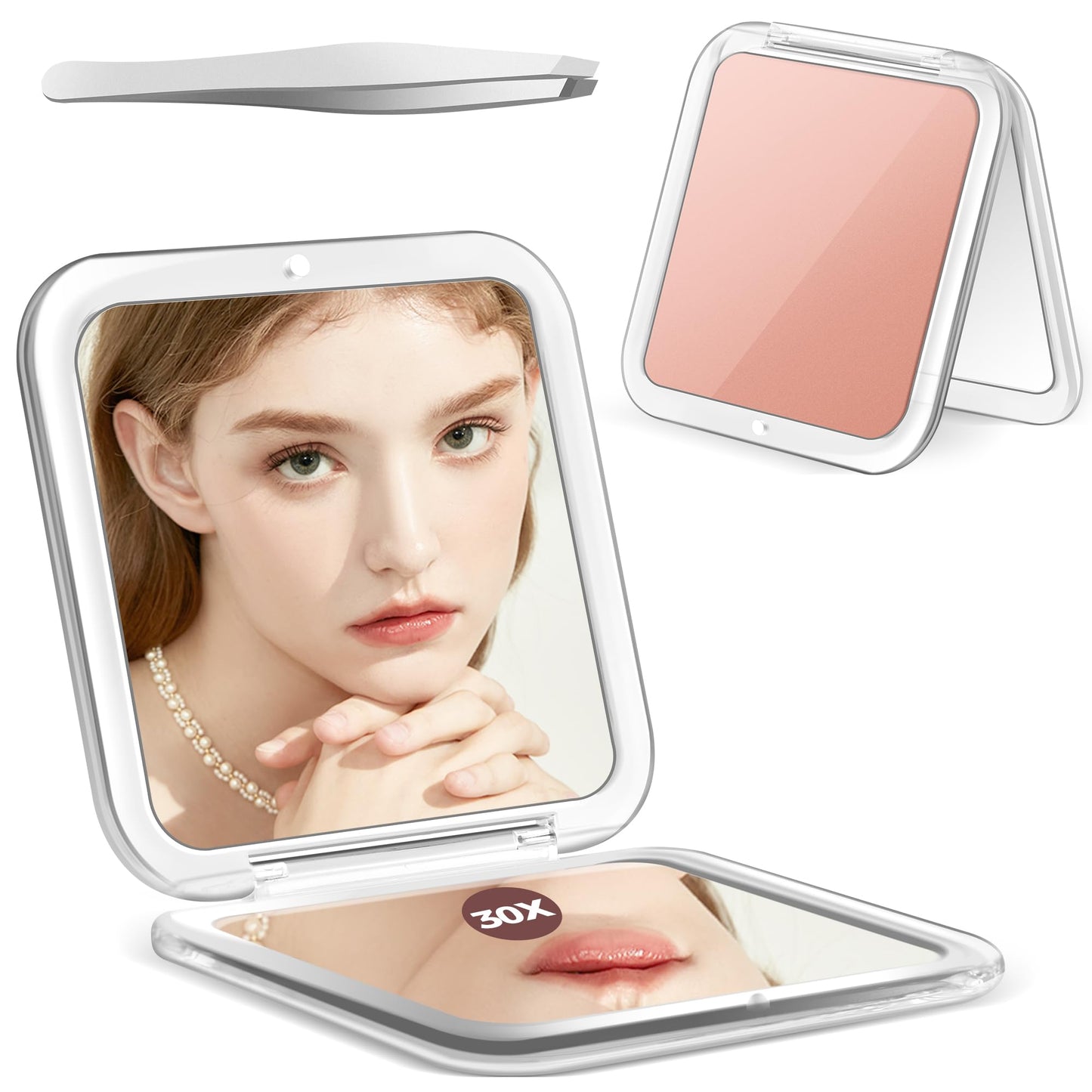 MIYADIVA Compact Mirror, 30X Magnifying Mirror, Pocket Mirror for Purse, Travel Makeup Mirror with 30X/1X Magnification, Travel Essentials Mirror, Precision Tweezers, Present for Girls