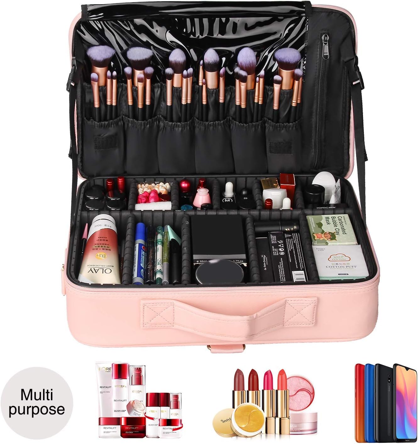 Relavel Portable Travel Makeup Case Organizer with Adjustable Dividers - Black Cosmetic Storage for Brushes, Toiletries & Jewelry