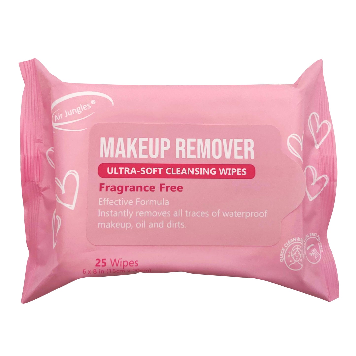 Air Jungles Makeup Remover Wipes 25 Count (Pack of 4), Extra Large 6" x 8", Fragrance-Free, Removes Makeup and Oil, Soft Cleansing Wipes, Alcohol Free