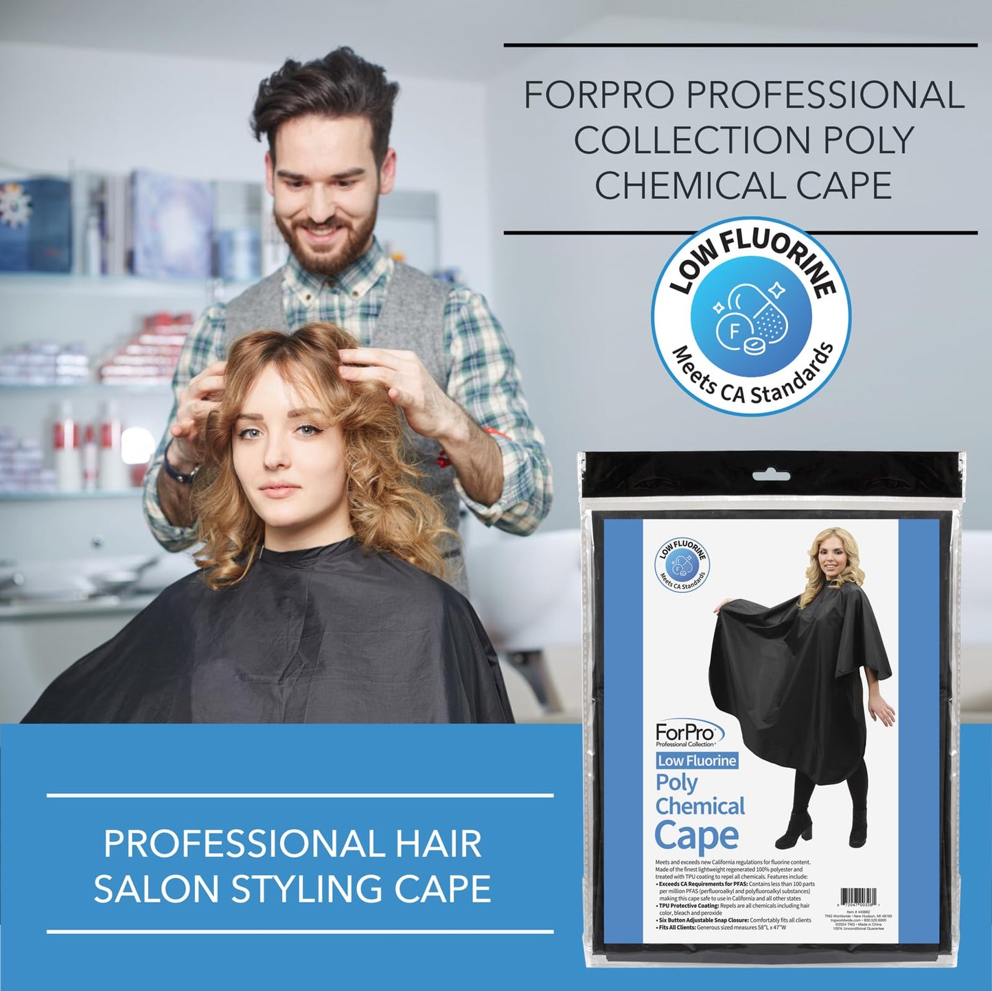 ForPro Low Fluorine Makeup Cape, Professional Mid-Length Beauty Cape with Adjustable Velcro Closure, 27.5" x 30", Black