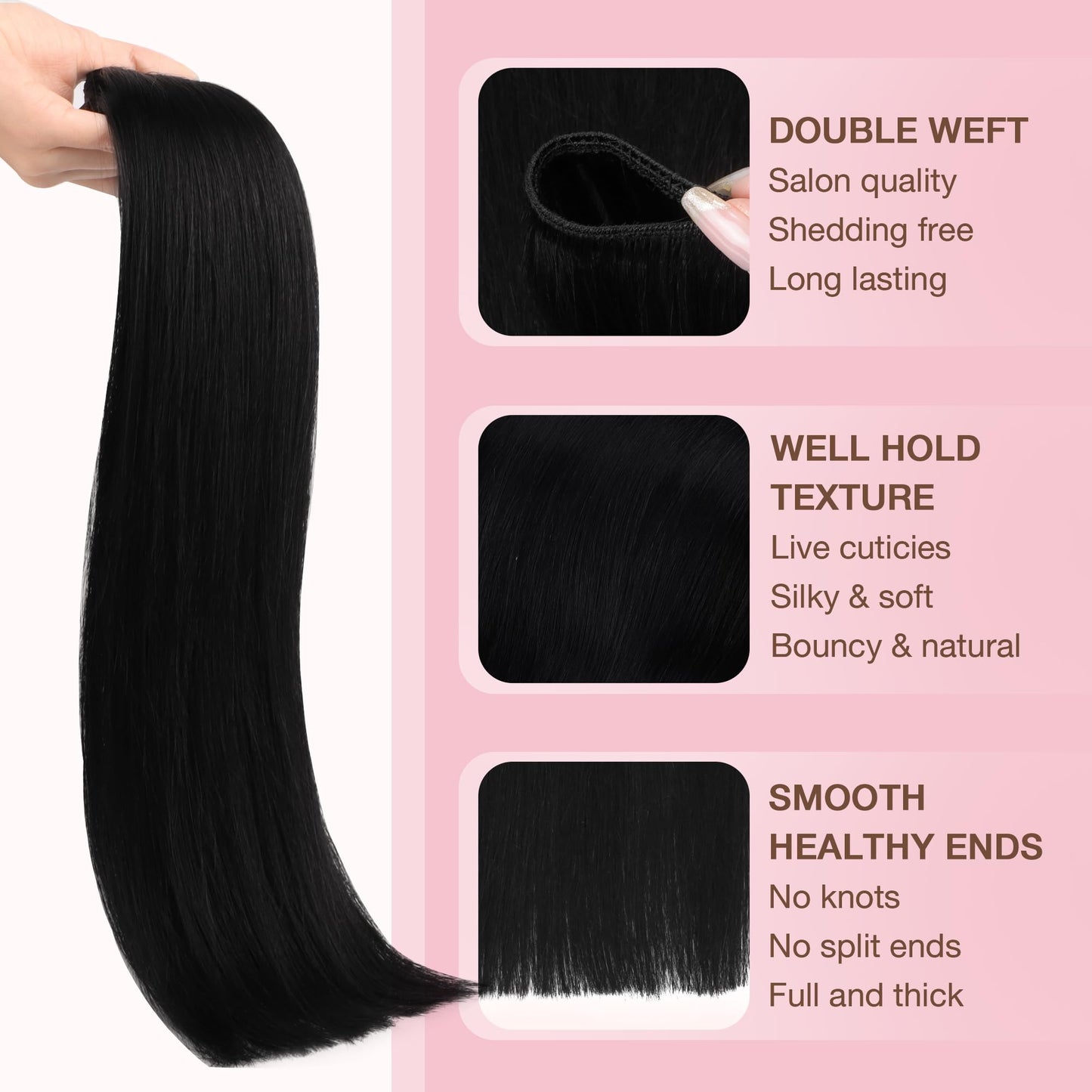 GOO GOO Sew in Hair Extensions Real Human Hair, Weft Hair Extensions Human Hair, 1 Jet black 22inch 110g, Weft Bundles Straight Silky Remy Hair