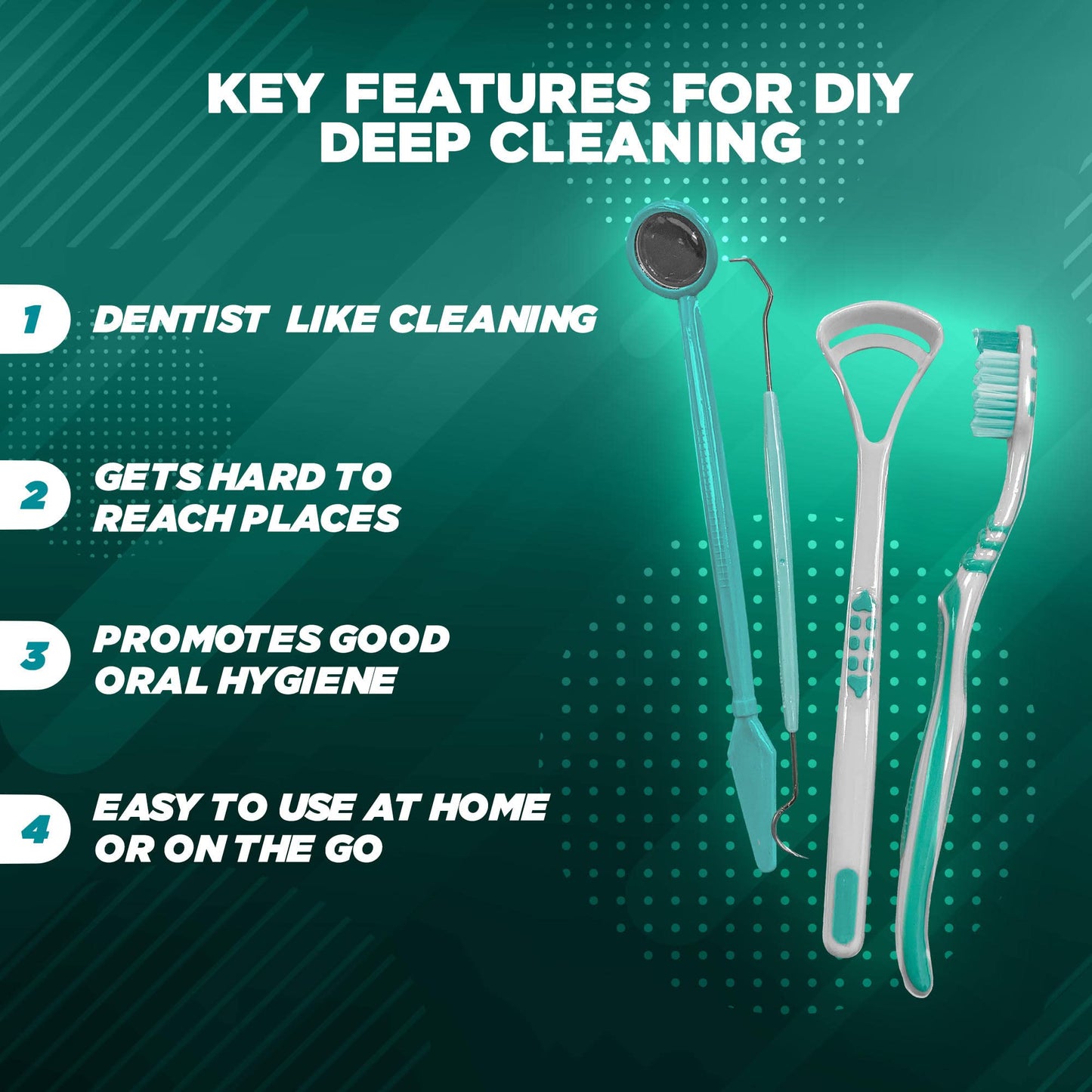 GuruNanda Dental Tools - Complete Oral Care Kit - Toothbrush, Mirror, Tongue Cleaner, Pick - White Set of 4