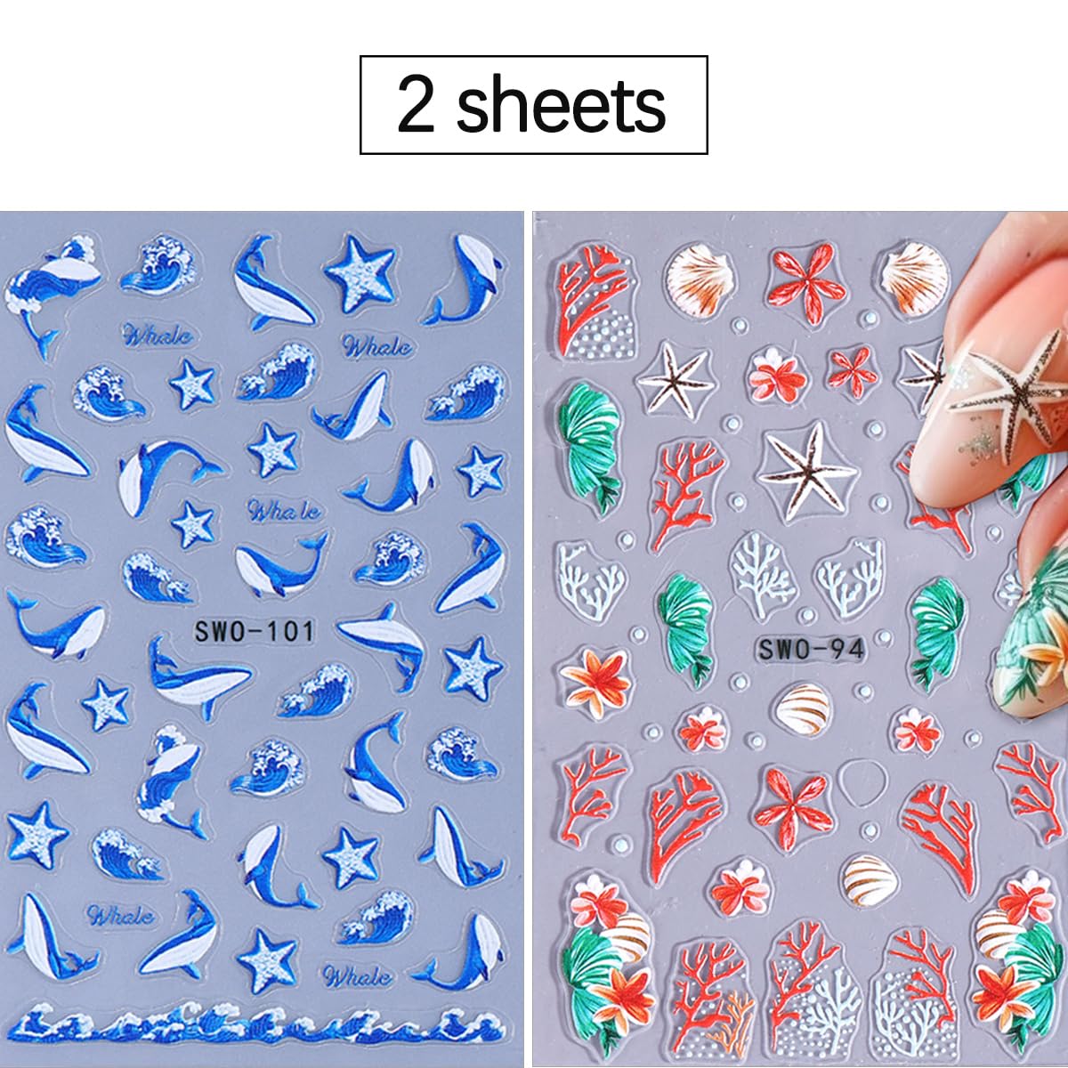 2 Sheets Summer Ocean Nail Art Stickers Ocean Shells Starfish Marine Animal Nail Stickers 3D Self-Adhesive Nail Decals for Women DIY Holiday Manicure Decoration Supplies